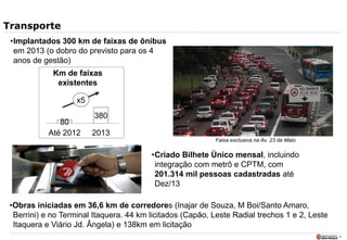 12
Transporte
•Implantados 300 km de faixas de ônibus
em 2013 (o dobro do previsto para os 4
anos de gestão)
80
380
Até 2012 2013
Km de faixas
existentes
x5
•Criado Bilhete Único mensal, incluindo
integração com metrô e CPTM, com
201.314 mil pessoas cadastradas até
Dez/13
•Obras iniciadas em 36,6 km de corredores (Inajar de Souza, M Boi/Santo Amaro,
Berrini) e no Terminal Itaquera. 44 km licitados (Capão, Leste Radial trechos 1 e 2, Leste
Itaquera e Viário Jd. Ângela) e 138km em licitação
Faixa exclusiva na Av. 23 de Maio
 