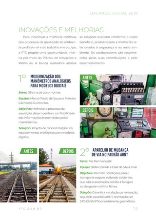 23
BALANÇO SOCIAL 2019
F T C . C O M . B R
INOVAÇÕES E MELHORIAS
Para incentivar a melhoria contínua
dos processos da qualidade do ambien-
te profissional e do trabalho em equipe,
a FTC propõe uma oportunidade inter-
na por meio do Prêmio de Inovações e
Melhorias. A banca avaliadora analisa
as soluções expostas conforme o custo
benefício, produtividade e melhorias re-
lacionadas à segurança e ao meio am-
biente. Os colaboradores são reconhe-
cidos pelas suas contribuições e pelo
desenvolvimento.
Setor: Oficina de Locomotivas
Equipe: Márcio Paulo de Souza e Marcelo
Cachoeira Guimarães
Objetivo: Melhorar o processo de
aquisição, desempenho e confiabilidade
das informações transmitidas pelos
manômetros.
Solução: Projeto de modernização dos
equipamentos analógicos para modelos
digitais.
Setor: Via Permanente
Equipe: StefaniZanellaeOsieldaSilvaLimas
Objetivo: Permitir condições para o
transporte seguro, evitando acidentes
que são ocasionados devido à fadiga e
ao desgaste na linha férrea.
Solução: Garantir a instalação ou renovação,
seguindo o padrão ABNT, orientação por
GPS GNSS RTK e nivelamento geométrico.
MODERNIZAÇÃO DOS
MANÔMETROS ANALÓGICOS
PARA MODELOS DIGITAIS
APARELHO DE MUDANÇA
DE VIA NO PADRÃO ABNT
1º
2º
ANTES
ANTES DEPOIS
DEPOIS
 