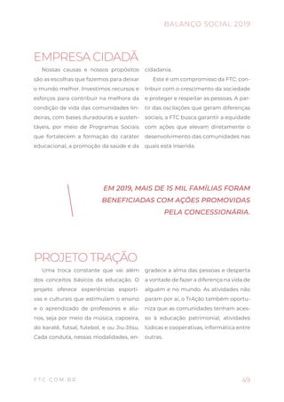 Nossas causas e nossos propósitos
são as escolhas que fazemos para deixar
o mundo melhor. Investimos recursos e
esforços para contribuir na melhora da
condição de vida das comunidades lin-
deiras, com bases duradouras e susten-
táveis, por meio de Programas Sociais
que fortalecem a formação do caráter
educacional, a promoção da saúde e da
cidadania.
Este é um compromisso da FTC: con-
tribuir com o crescimento da sociedade
e proteger e respeitar as pessoas. A par-
tir das oscilações que geram diferenças
sociais, a FTC busca garantir a equidade
com ações que elevam diretamente o
desenvolvimento das comunidades nas
quais está inserida.
49
BALANÇO SOCIAL 2019
F T C . C O M . B R
EMPRESA CIDADÃ
EM 2019, MAIS DE 15 MIL FAMÍLIAS FORAM
BENEFICIADAS COM AÇÕES PROMOVIDAS
PELA CONCESSIONÁRIA.
PROJETO TRAÇÃO
Uma troca constante que vai além
dos conceitos básicos da educação. O
projeto oferece experiências esporti-
vas e culturais que estimulam o ensino
e o aprendizado de professores e alu-
nos, seja por meio da música, capoeira,
do karatê, futsal, futebol, e ou Jiu-Jitsu.
Cada conduta, nessas modalidades, en-
gradece a alma das pessoas e desperta
a vontade de fazer a diferença na vida de
alguém e no mundo. As atividades não
param por aí, o TrAção também oportu-
niza que as comunidades tenham aces-
so à educação patrimonial, atividades
lúdicas e cooperativas, informática entre
outras.
 