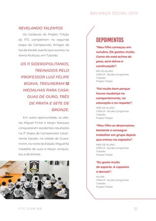 REVELANDO TALENTOS
Os caratecas do Projeto TrAção
da FTC competiram na segunda
etapa do Campeonato Amigos do
Sul de Karatê, evento que ocorreu na
Arena Multiuso, em Tubarão.
OS 11 SIDEROPOLITANOS,
TREINADOS PELO
PROFESSOR LUIZ FELIPE
BOAVA, TROUXERAM 12
MEDALHAS PARA CASA:
DUAS DE OURO, TRÊS
DE PRATA E SETE DE
BRONZE.
Em outra oportunidade, os atle-
tas Miguel Firme e Kevyn Marques
conquistaram excelentes resultados
na 3ª Etapa do Campeonato Catari-
nense Escolar, na cidade de Guara-
mirim, no norte do Estado. Miguel foi
medalha de ouro e Kevyn conquis-
tou a de bronze.
DEPOIMENTOS
“Meu filho começou em
outubro. Ele gostou muito.
Como ele está acima do
peso, será ótima a
continuação”.
PAI DE ALUNO
CRAS III - Núcleo Congonhas
Tubarão
Projeto TrAção
“Foi muito bom porque
houve mudança no
comportamento, na
educação e no respeito”.
MÃE DE ALUNO
CRAS III - Núcleo Congonhas
Tubarão
Projeto TrAção
“Meu filho se desenvolveu
bastante e consegue
trabalhar em grupo depois
que entrou na capoeira”.
MÃE DE ALUNO
CRAS III - Núcleo Congonhas
Tubarão
Projeto TrAção
“Eu gosto muito
de esporte. A capoeira
é demais”.
ALUNA
CRAS III - Núcleo Congonhas
Tubarão
Projeto TrAção
51
BALANÇO SOCIAL 2019
F T C . C O M . B R
 
