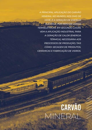 CARVÃO
MINERAL
A PRINCIPAL APLICAÇÃO DO CARVÃO
MINERAL NO MUNDO, NOS DIAS DE
HOJE, É A GERAÇÃO DE ENERGIA
ELÉTRICA, POR MEIO DE USINAS
TERMELÉTRICAS. EM SEGUNDO LUGAR,
VEM A APLICAÇÃO INDUSTRIAL PARA
A GERAÇÃO DE CALOR (ENERGIA
TÉRMICA), NECESSÁRIA AOS
PROCESSOS DE PRODUÇÃO, TAIS
COMO: SECAGEM DE PRODUTOS,
CERÂMICAS E FABRICAÇÃO DE VIDROS.
 