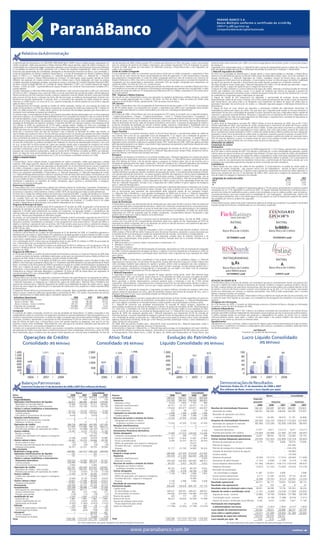 PA R A N Á B A N C O S . A .
                                                                                                                                                                                                                                                                B a n c o M ú l t i p l o c o n f o r m e o c e r t i f i c a d o d e 2 1 /0 6 / 8 9
                                                                                                                                                                                                                                                                CNPJ nº 14.388.334/0001-99
                                                                                                                                                                                                                                                                Companhia Aberta de Capital Autorizado




           Relatório daAdministração

A Administração do Paraná Banco S.A. (BOVESPA: PRBC4/ADR Nível I: PARPY), banco múltiplo privado, especializado em            mês de dezembro de 2008, o Banco possuía 701 convênios para desconto em folha, dos quais, a maior concentração             pretende ainda manter parcerias com o IRB e com outras resseguradoras internacionais, porém na retrocessão (seguro
crédito consignado, crédito para pequenas e médias empresas (PME), seguro garantia, seguro de crédito e resseguros, em        está nos convênios de governos de Estados e Municípios, que somados representam 55% da originação no quarto                do resseguro).
conformidade com as disposições legais e estatutárias apresenta a seus acionistas as Demonstrações Financeiras Individuais    trimestre de 2008. Ao operar por meio destes 701 diferentes convênios, o Paraná Banco dilui o risco regulatório, de        Classificada como resseguradora local, a J. Malucelli Re está no grupo de resseguradoras que tem o direito de 1ª recusa de
e Consolidadas do exercício de 2008, juntamente com o Parecer dos Auditores Independentes. Todas as informações               crédito e de competição.                                                                                                   60% dos prêmios ressegurados até 2012 e 40% após este período, de acordo com a resolução n° 168 da SUSEP.
financeiras aqui apresentadas são consolidadas, abrangendo as demonstrações financeiras do Banco, suas controladas, o         Cartão de Crédito Consignado                                                                                               J. Malucelli Seguradora de Crédito
Fundo de Investimento em Direitos Creditórios Paraná Banco I, o Fundo de Investimento em Direitos Creditórios Paraná          É uma modalidade de crédito ao consumidor que da mesma forma que no crédito consignado, o pagamento é feito                Em linha com a estratégia de diversificação e sempre atento a novas oportunidades no mercado, o Paraná Banco
Banco II (“FIDCs”), a J. Malucelli Seguradora, a J. Malucelli Seguradora de Crédito, a J. Malucelli Re., J. Malucelli         por meio de um valor mínimo da fatura mensal debitada em folha de pagamento. O valor remanescente é faturado               observou uma demanda por seguros na área de crédito ainda não explorada no Brasil. Assim, em 25 de novembro, foi
Agenciamento e Serviços e Paraná Administradora de Consórcio. As informações, exceto quando indicado de forma                 para pagamentos complementares. O cartão de crédito consignado opera por meio de convênios com Governos de                 lançada oficialmente a J. Malucelli Seguradora de Crédito, subsidiária integral do Paraná Banco que aguarda
diferente, são expressas em moeda corrente nacional (em milhares reais) e foram elaboradas com base nas práticas              Estado e Prefeituras e o INSS. Este último, em janeiro de 2008, instituiu novas regras para a concessão de empréstimos     homologação da SUSEP para iniciar as operações. A nova empresa irá atuar no ramo de seguro de crédito, modalidade
contábeis emanadas da legislação societária, associadas às normas e instruções do Conselho Monetário Nacional (CMN),          consignados aos seus aposentados e pensionistas, reservando 10% da margem consignável para empréstimos via                 de seguro que garante ao segurado o ressarcimento das perdas líquidas causadas por um devedor insolvente.
do Banco Central do Brasil (BACEN), da Comissão de Valores Mobiliários (“CVM”), do Conselho Nacional de Seguros               cartões de crédito, com teto de 3,5% a.m. na taxa de juros.                                                                Três tipos de seguros foram criados pela J. Malucelli Seguradora de Crédito a fim de atender esta demanda: o seguro
Privados - (CNSP), da SUSEP - Superintendência de Seguros Privados e do Comitê de Pronunciamentos Contábeis (CPC),            O Paraná Banco mantém em atividade contrato para emissão de cartões de crédito com a bandeira Mastercard. Esta é           de crédito interno, o seguro de capital de giro e o seguro de fluxo de caixa:
quando aplicável.                                                                                                             uma tendência no mercado do consignado e o Paraná Banco está preparado para atender essa nova demanda. O saldo             O Seguro de Crédito Doméstico é a forma tradicional de seguro de crédito, oferecida a empresas privadas do mercado
Quando a demanda e a oferta de crédito ainda eram abundantes, o alto consumo impulsionou o PIB a um crescimento               da carteira do cartão de crédito em 31 de dezembro de 2008 somou R$ 16,2 milhões, totalizando 22.035 cartões ativos        interno que trabalham com vendas a prazo. É um seguro de recebíveis que oferece ao segurado a garantia de
de 5,4% em 2007. Chegada a crise, a partir do 3T08, a curva de crescimento do mercado de crédito, influenciada pelos          ao final do período.                                                                                                       recebimento das operações financiadas a prazo. A apólice de seguros é feita sob o risco de não recebimento, e no caso
fatores econômicos da crise financeira mundial, começou a apresentar sinais de inflexão. No Brasil, ainda que motivada        PME - Pequenas e Médias Empresas                                                                                           de inadimplência a seguradora paga a indenização ao segurado.
pelo consumo de final de ano a redução não tenha sido tão acentuada, as evidências da desaceleração mostram uma               Há mais de um ano o Paraná Banco iniciou suas operações no segmento de Pequenas e Médias Empresas, contando                O Seguro de Capital de Giro proporciona aos segurados a oportunidade de antecipar futuros recebíveis
tendência de mercado desaquecido. A exemplo disto, o crescimento das operações de crédito pessoal do sistema                  hoje com equipes especializadas em Curitiba e São Paulo. Ao final de 2008, o saldo da carteira de crédito neste            disponibilizando capital de giro para a empresa. Isto é feito através da antecipação das vendas a prazo do segurado
financeiro no 4T08 mostrou um recuo de 41 p.p., quando comparado ao mesmo período do ano anterior, segundo                    segmento era de R$ 86,6 milhões, representando 7,8% da carteira total do Banco.                                            pelo Paraná Banco, que passa então a ser designado como beneficiário da apólice de seguro de crédito para as
dados do Banco Central.                                                                                                       CDC Veículos                                                                                                               operações financiadas. Na ocorrência de um sinistro, a J. Malucelli Seguradora pagará a indenização diretamente ao
Tal comportamento do mercado, somado as cessões de crédito realizadas, resultou em uma redução da carteira de                 Em 2008, o Paraná Banco deu início às operações de financiamento de veículos usados, o CDC Veículos. Com produção          Paraná Banco.
crédito do Paraná Banco no 4T08. Para efeitos comparativos, as operações de crédito que totalizaram R$ 1,2 bilhão em          de R$ 5,9 milhões desde o seu lançamento em outubro, a expectativa para 2009 é que a participação deste produto            O Seguro de Fluxo de Caixa oferece aos segurados a antecipação imediata das indenizações decorrentes da
2007, em 2008 somaram R$ 1,1 bilhão. Neste momento de incertezas três estratégias adotadas pelo Paraná Banco se               torne-se ainda mais relevante na carteira total do Banco, em linha com a estratégia de diversificação.                     inadimplência coberta pelo seguro de crédito. Isto quer dizer que o segurado pode receber os recursos referentes a
mostraram muito acertadas na travessia da turbulência.                                                                        CDC Lojista                                                                                                                indenizações futuras sem a necessidade de aguardar os prazos necessários para que a Seguradora realize a gestão de
Em primeiro lugar, o conservadorismo do Banco, que mantém uma política de baixa alavancagem com um forte casamento            Em Outubro de 2008, o Paraná Banco deu início às operações do CDC Lojista, já contando com os seguintes produtos:          cobrança e a apuração da perda definitiva. Na prática, o segurado avisa as expectativas de sinistro à Seguradora que
entre ativos e passivos, um confortável índice de Basiléia de 56,7% e uma política de manter em caixa um mínimo de 20%        “Crediário Paraná Banco - Cheque”, “Crediário Paraná Banco - Carnê” e “Crediário Paraná Banco - Consignado”. O             aceita e estabelece uma data futura para pagamento de indenização, o segurado leva a aceitação da Seguradora ao
do total dos depósitos a prazo. O segundo ponto trata-se da constante preocupação do Banco com a exposição de risco           Crediário Paraná Banco tem como finalidade o financiamento para a compra de produtos e serviços em lojas individuais       Paraná Banco e adianta o valor da indenização.
através de uma maior seletividade nas operações de crédito em busca daquelas com maior rentabilidade. E finalmente, a         ou redes de varejo, como: lojas de materiais de construção, autocenters, lojas de informática, lojas de departamento,      ATIVOS TOTAIS
estratégia de diversificação de negócios e produtos. O segmento de PME, por exemplo, totalizou uma originação de R$           redes de distribuição de marcas, redes de franquias de produtos, entre outros. O processo de aprovação de crédito e        Os ativos totais do Paraná Banco somaram R$ 1.964,0 milhões ao final de dezembro de 2008, ante os R$ 1.724,5
53,3 milhões no 4T08, um crescimento de 57,7% sobre o período anterior. Também em linha com a estratégia de                   as demais transações são realizadas via internet, trazendo rapidez, segurança, simplicidade e flexibilidade tanto ao       milhões registrados em 2007, uma evolução de 13,9%. Destaque para o crescimento da carteira de Títulos e Valores
diversificação, no final de 2008 o Paraná Banco criou a J. Malucelli Seguradora de Crédito (aguardando homologação da         cliente como ao lojista. Ao final de 2008, o saldo da carteira de crédito neste segmento era de R$ 1,5 mihão, com mais     Mobiliários que saltou de R$ 76,6 milhões para R$ 509,9 milhões. Grande parte desse crescimento é justificada pela
SUSEP) para atuar em um segmento com grande potencial e ainda pouco explorado no Brasil.                                      de 142 lojas operando estes produtos.                                                                                      aplicação das reservas técnicas da seguradora em títulos públicos, bem como pelo próprio aumento da carteira do
Ainda que a conjuntura atual não seja tão favorável e que a retenção na demanda de crédito seja latente, as                   Seguro Garantia                                                                                                            banco, resultado das cessões realizadas no 4T08. A carteira de crédito do Banco refletiu a política de maior seleção das
oportunidades que surgem em meio à crise são seletivas e proporcionam um impulso para gestões que sabem trabalhar             O Seguro Garantia é um produto financeiro, similar à carta de fiança bancária, e que demanda análise de crédito de         operações e menor ritmo da demanda de crédito tanto no segmento corporativo quanto no pessoal, recuando 9,5%.
sob momentos adversos. As iniciativas estratégicas adotadas pela gestão do Paraná Banco proporcionam à Companhia              seus clientes, bem como de sua capacidade futura de desempenho. É um seguro com a finalidade de garantir o                 Outro ponto de destaque, foi o aumento do caixa livre. O Banco já possuía a política de manter em caixa pelo menos
níveis confortáveis de solvência e liquidez, bem como uma grande oportunidade para intensificar suas estratégias de           cumprimento de obrigações estabelecidas em contratos públicos, privados ou em licitações. A experiência e os               20% do total dos depósitos a prazos, no entanto tendo em vista o novo contexto mundial, aumentou ainda mais o
diversificação e evolução da carteira de crédito para 2009. E em favorecimento ao Banco a conjuntura macroeconômica           procedimentos na concessão de apólices de seguro-garantia permitem que o Paraná Banco por meio da J. Malucelli             rigor na gestão do caixa contando com um volume maior de ativos de alta liquidez.
dá sinais de contribuição: as políticas monetárias têm medicado os sintomas da desaceleração econômica, com corte             Seguradora venha mantendo a liderança no segmento desde 1997. Desde abril de 2008, 100% das apólices emitidas              OPERAÇÕES DE CRÉDITO
de 1p.p. na taxa Selic na última reunião do Copom por exemplo, dando vazão a operações de convênios com limites               pela Seguradora passaram a ser digitais, o que confere maior segurança nas operações e significativa redução de custos     Composição da Carteira
menores de taxa de juros até então congelados pela baixa rentabilidade. E os investimentos em infra-estrutura que             além de ser ambientalmente correto.                                                                                        Desempenho
prometem investimento a partir de 21,2 bilhões só para o PAC, o Programa de Aceleração do Crescimento, que será               Ao final do exercício de 2008, a J. Malucelli possuía participação de mercado de 43,3% em prêmios emitidos e               As operações de crédito encerraram o exercício de 2008 totalizando R$ 1.110,5 milhões, apresentando uma redução
poupado dos cortes públicos orçamentários, aliado ao crédito de R$ 100 bilhões concedido ao BNDES, por exemplo,               sinistralidade de 4,2% segundo dados da SUSEP. A J. Malucelli Seguradora possui ratings A-(Bra), perspectiva Positiva,     de 8,3% sobre o mesmo período de 2007. Esta redução é justificada por: (i) maior seletividade das operações, quando
abrem um leque de novas oportunidades para operações de seguro e resseguro, sendo estas, através da J. Malucelli              pela Fitch Ratings e BrA-/estável pela Standard and Poors.                                                                 o Banco optou em operar convênios com operações mais rentáveis; (ii) maior rigor na análise do crédito, principalmente
Seguradora e Resseguradora, representantes de 27,2% do lucro líquido consolidado do Banco em 2008.                            Resseguro                                                                                                                  naqueles que não são consignados; (iii) cessões de créditos consignados às outras instituições realizadas entre outubro
SOBRE O PARANÁ BANCO                                                                                                          As operações de resseguro concentram-se nos prêmios emitidos pela J. Malucelli Seguradora em carteiras de seguro           e dezembro no valor total de R$ 340,1 milhões; (iv) e menor demanda de créditos no período. Com a acentuação da
Perfil                                                                                                                        garantia de outras seguradoras nacionais e estrangeiras. Adicionalmente, a J. Malucelli Re possui classificação de risco   crise e a saída de uma grande parte de investidores institucionais, a administração do Paraná Banco decidiu por uma
O Paraná Banco, banco múltiplo privado, é especializado em crédito consignado, crédito para pequenas e médias                 pela Fitch Ratings de A-(bra) a fim de permitir operar o resseguro na América Latina. Isso vai de encontro com a           estratégia mais conservadora garantindo a liquidez do banco no período de maior turbulência.
empresas, PME, seguro garantia, seguro de crédito (seguro de crédito interno, seguro capital de giro e seguro fluxo de        estratégia de expansão para esta região. Atualmente, 100% dos resseguros da J. Malucelli Seguradora são realizados         Inadimplência
caixa) e resseguros. Tendo iniciado suas operações na década de 80, foi um dos primeiros bancos a atuar no segmento           através da J. Malucelli Re, a qual possui contrato de retrocessão com os maiores Resseguradores mundiais.                  O Banco dispõe de uma carteira de crédito de alta qualidade. O conservadorismo na análise de crédito aliado às
de crédito consignado e seguro garantia no Brasil, este último através da J. Malucelli Seguradora. O Banco tem                Seguro de Crédito                                                                                                          operações de crédito consignado - que possuem menor risco de inadimplência - permite ao Banco manter um
apresentado gestão consistente que, combinado com baixos índices de inadimplência, o tornaram historicamente um               O seguro de crédito é uma modalidade de seguro que tem por objetivo ressarcir o segurado (credor) das perdas               confortável histórico de inadimplência. O quadro a seguir apresenta a classificação da carteira de crédito registrada no
banco com sustentável rentabilidade. O Paraná Banco, a J. Malucelli Seguradora, a J. Malucelli Seguradora de Crédito          Líquidas Definitivas causadas por devedor insolvente nas operações de crédito. É um produto ainda incipiente no Brasil,    balanço por categoria de risco em 31 de dezembro de 2008 e 2007, sendo que a categoria AA representa o menor
e a J. Malucelli Resseguradora possuem cobertura nacional por meio de canais bem estruturados, constituídos por uma           com grande potencial de crescimento: em países europeus até 90% das empresas se utilizam desta modalidade de               risco de crédito e a categoria H representa risco elevado.
diversificada rede de correspondentes e franqueados, lojas próprias, corretores de seguros e regionais da seguradora          seguro, enquanto no Brasil são somente cerca de 300 instituições usuárias. O produto possui forte sinergia com as
em nove cidades do Brasil. A liderança do Paraná Banco em número de convênios celebrados, inovação nos canais de              operações da J. Malucelli Seguradora (Seguro Garantia) bem como com o Paraná Banco. Além de compartilhar da base             Composição da carteira de crédito                                                            2008                2007
distribuição e experiência no segmento de crédito consignado, seguro garantia e, pioneiramente, o resseguro,                  de clientes de ambas as instituições, a futura Seguradora de Crédito contará com forte capilaridade através das nove         AA-C                                                                                       96,3%                95,8%
colocam-no em posição privilegiada.                                                                                           filiais da J. Malucelli Seguradora. Somado a isto, a Seguradora de Crédito também irá gerar negócios de resseguros           D-G                                                                                          3,7%                2,4%
Governança Corporativa                                                                                                        para a J. Malucelli Resseguradora.                                                                                           H                                                                                            2,7%                1,7%
O Paraná Banco tem como compromisso a adoção das melhores práticas de Governança Corporativa. Atualmente, o                   Os recentes acontecimentos na conjuntura econômica aumentaram a demanda pelo produto, juntamente com as taxas              Ao final do exercício de 2008, a categoria H representava apenas 2,7% da carteira, apresentando um aumento quando
Banco está listado entre as empresas do Nível 1 da Bovespa, e já deu início ao processo de adaptação para o Nível 2 de        praticadas, favorecendo o desenvolvimento deste mercado, hoje ainda incipiente em nosso país. O Paraná Banco               comparada com os 1,7% registrados no exercício de 2007. As cessões realizadas recentemente contribuíram para o
Governança Corporativa. Adicionalmente, o Banco confere 100% de tag-along para todas as ações preferenciais.                  está se estruturando para aproveitar das oportunidades deste segmento através de sua subsidiária integral,                 aumento dos índices de inadimplência sobre a carteira total consolidada, já que os créditos cedidos saem do balanço,
Em linha com o código das melhores práticas de Governança Corporativa do IBGC, o quadro de membros do Conselho                a J. Malucelli Vida e Previdência, a qual aguarda homologação da SUSEP para se tornar a J. Malucelli Seguradora            a provisão permanece, pois essas cessões estão na modalidade de “com coobrigação”. Adicionalmente, o Banco não
do Paraná Banco possui um conselheiro independente. Adicionalmente, desde março de 2008, o Paraná Banco instalou              de Crédito. Entendemos que este mercado tem potencial para repetir a trajetória de crescimento, nos moldes do              contrata seguro prestamista, pois o custo deste seguro é muito superior ao custo do lançamento a prejuízo dos valores
um Conselho Fiscal com três membros efetivos responsáveis por fiscalizar as atividades da administração, rever                que ocorreu no Seguro Garantia, e através da J. Malucelli Seguradora de Crédito, o Paraná Banco pretende capturar          não recebidos por morte ou acidente dos segurados.
demonstrações financeiras da sociedade e reportar suas conclusões aos acionistas. O Conselho Fiscal é um órgão                esta nova oportunidade.                                                                                                    RATINGS
societário independente da administração e dos auditores independentes da Companhia.                                          Canais de Distribuição                                                                                                     O Paraná Banco possui cobertura de quatro importantes agências de ratings que corroboram a sua solidez e confortável
Programa de Recompra de Ações                                                                                                 O Paraná Banco possui uma diversificada rede de distribuição que cobre todo território nacional. Além do tradicional       situação econômico-financeira, fundamentado em um crescimento sustentável.
Em Reunião do Conselho de Administração (RCA) realizada em 07 de julho de 2008, foi aprovado o encerramento do                canal representado pelos correspondentes bancários, o Banco vem investindo consistentemente em canais alternativos.
programa de recompra de ações de própria emissão, iniciado em 19 de outubro de 2007, por meio do qual foram                   O objetivo é ampliar o controle sobre os canais de venda bem como controlar custos administrativos e de originação,
adquiridas 4.155.600 ações preferenciais de emissão da Companhia. Foi aprovado também o cancelamento das                      seguindo uma estratégia de médio prazo focada em aumento de eficiência e rentabilidade. Em 2008, tais canais foram
referidas ações sem redução do valor do capital social, mediante absorção de R$ 36,7 milhões consignados na Reserva           responsáveis por 35% da originação total de créditos consignados. Correspondente bancário franqueado e lojas
de Lucros - Reserva para Integridade do Patrimônio Líquido.                                                                   próprias são os canais que o Banco classifica como alternativos.
Na ocasião, um novo programa de recompra de ações foi instituído, onde foi autorizada a aquisição de até 4.072.617            Correspondentes Bancários

                                                                                                                                                                                                                                                                                 RATING                                                    RATING
ações preferenciais, escriturais, nominativas e sem valor nominal, de emissão da Companhia para manutenção em                 O correspondente bancário ainda é o principal canal de distribuição do Paraná Banco. Ao final de 2008, o Banco
                                                                                                                              contava com uma rede de 652 correspondentes distribuídos pelas cinco regiões do País. Responsáveis por 65% da


                                                                                                                                                                                                                                                                                     A-                                                    brBBB+
tesouraria e posterior cancelamento ou alienação. O novo programa tem como prazo máximo 7 de julho de 2009 e o
objetivo é maximizar a geração de valor ao acionista. Até 14 de outubro, prazo que se iniciou o período de vedação à          originação do crédito consignado, têm à sua disposição um portal na internet exclusivo e uma plataforma ágil para a
negociação de ações de própria emissão, o Banco adquiriu através deste programa 3.371.300 ações ao preço médio                troca de documentos e informações com o Banco.

                                                                                                                                                                                                                                                                       Baixo Risco de Crédito                                    Baixo Risco de Crédito
de R$ 5,28 por ação.                                                                                                          Correspondente Bancário Franqueado
Juros sobre Capital Próprio e Benefício Fiscal                                                                                Adotado em março de 2007, o canal de franqueados é único e inovador no mercado bancário brasileiro. Ainda em
Conforme a ata da Reunião do Conselho de Administração de 22 de dezembro de 2008, os Conselheiros aprovaram a                 2008, recebeu o Prêmio ABF de melhor franquia do setor de serviços financeiros, atestando o sucesso do projeto que
                                                                                                                              é resultado de três anos de pesquisa e análise do comportamento do mercado, concorrência e correspondentes.
                                                                                                                                                                                                                                                                            SETEMBRO 2008                                              FEVEREIRO 2008
distribuição dos Juros sobre o Capital Próprio (JCP), referentes ao resultado apurado no quarto trimestre de 2008, no valor
bruto total de R$ 11,4 milhões, correspondentes a R$ 0,11 por ação. As ações da Companhia foram negociadas ex-direito         Os franqueados, além do crédito consignado, têm à disposição variados tipos de produtos financeiros e de
a juros sobre o capital próprio a partir de 23 de dezembro de 2008, inclusive.                                                seguros para comercialização, tanto próprios como de terceiros. Exemplo disto são os contratos firmados com as
Com a distribuição do JCP, o Banco fará uso de benefício fiscal no valor de R$ 4,6 milhões no 4T08. No acumulado do           seguintes instituições:
ano, o Paraná Banco fez uso de beneficio fiscal de R$ 16,2 milhões.                                                           • ABN Amro Real S.A. e Aymoré Crédito, Financiamento e Investimento S.A.;
Assim, no ano de 2008, o Paraná Banco totaliza uma distribuição de R$ 41,4 milhões em JCP, resultando em 53% de               • Rodobens Consórcio; e
pay-out e dividend yield de 15,6%, com base na cotação do preço de fechamento da ação de R$ 2,50 em 30 de                     • Porto Seguro Seguros.
dezembro de 2008.                                                                                                             O Paraná Banco encerrou 2008 com 89 franqueados em operação, responsáveis por 20% da originação de consignado
Programa de ADRs Nível 1                                                                                                      em 2008. Conforme planejamento estratégico do Banco, o objetivo é continuar expandindo as franquias em 2009, de
                                                                                                                              forma a aumentar gradativamente a participação deste importante canal na geração de novas operações de crédito

                                                                                                                                                                                                                                                                        RATING/RANKING
Em 30 de abril de 2008, o Conselho de Administração do Paraná Banco autorizou a criação do Programa de ADRs Nível

                                                                                                                                                                                                                                                                                                                                           RATING
1, visando o aumento da liquidez, visibilidade e valorização, sendo assim um dos primeiros bancos médios do Brasil com        para o Banco.


                                                                                                                                                                                                                                                                                  9,82
                                                                                                                              Lojas Próprias


                                                                                                                                                                                                                                                                                                                                                A
programa de ADR. Desde o início do programa, já foram emitidas 95.500 ADRs.
O programa, que teve início em 19 de agosto de 2008, tem como instituição depositária o banco The Bank of New York            No final de 2008 o Paraná Banco contabilizava 6 lojas próprias através de sua subsidiária integral a J. Malucelli
Mellon e como instituição custodiante o Banco Itaú S.A. Atualmente cada ADR representa uma ação preferencial do Paraná        Agenciamento e Serviços Ltda.: em São Paulo, Rio de Janeiro, Goiânia, Belo Horizonte e duas em Curitiba. O Banco tem

                                                                                                                                                                                                                                                                                                                                  Baixo Risco de Crédito
                                                                                                                              como estratégia implantar lojas próprias em capitais e grandes centros onde as operações são mais complexas e
                                                                                                                                                                                                                                                                       Baixo Risco de Crédito
Banco, no entanto no dia 28 de janeiro de 2009 foi aprovado em reunião do Conselho de Administração o grupamento de
ADRs, com o objetivo de ajustar o valor unitário de cotação do ADR em dólares americanos. Quando homologado o                 concentram maiores demanda e concorrência, trazendo maior controle à operação. As lojas próprias também têm o

                                                                                                                                                                                                                                                                         para Médio prazo
grupamento, a nova proporção entre ações preferenciais e ADRs será de 1 ADR para 5 PNs de emissão do Paraná Banco,            papel de regionais, coordenando correspondentes e franqueados em sua região. Com baixo custo de originação,
                                                                                                                              as lojas próprias foram responsáveis por 6% da originação no exercício.
                                                                                                                                                                                                                                                                            SETEMBRO 2008                                                  JUNHO 2008
mantendo-se as mesmas instituições depositária e custodiante. Os títulos de ADR do Paraná Banco são negociados no
mercado de balcão (OTC) com o símbolo PARPY e CUSIP número 699352100.                                                         J. Malucelli Seguradora
Segmentação e Produtos                                                                                                        A Seguradora concentra sua atuação no mercado de seguro garantia (surety bond), sendo líder absoluta neste
O Paraná Banco vem atuando nos segmentos Corporativo e Pessoal, mais especificamente nas operações de crédito e               segmento desde 1997, com 43,3% de market share em 31 de dezembro de 2008, de acordo com dados da SUSEP.
oferta de produtos financeiros. O Segmento Corporativo compreende as operações de seguro garantia realizadas pela             A incorporação de 100% do capital social da Seguradora, divulgada em 15 de janeiro de 2008, possibilita o
                                                                                                                              Banco aproveitar o estreito relacionamento comercial existente entre a Instituição e mais de 21.000 clientes               ATUAÇÃO DA EQUIPE DE RI
J. Malucelli Seguradora, os resseguros da J. Malucelli Re, seguro de crédito pela J. Malucelli Vida e Previdência (em                                                                                                                                    O Paraná Banco possui uma área de relações com investidores que busca constantemente manter uma postura pró-
processo de conversão para J. Malucelli Seguradora de Crédito) nas modalidades de seguro de crédito interno, seguro           corporativos. Adicionalmente, a Seguradora já tem a avaliação do perfil do risco de crédito desses clientes e conhece o
                                                                                                                              histórico de desempenho dos mesmos, uma vez que o seguro garantia é um produto financeiro, fundamentado em                 ativa com o objetivo de melhor atender as demandas do mercado, fortalecer a imagem e presença do Banco. No ano
de fluxo de caixa e seguro de capital de giro e as operações de crédito para micro, pequenas e médias empresas (PME)                                                                                                                                     de 2008, a equipe realizou três road-shows internacionais, além de uma reunião pública com analistas (Apimec) no Rio
do Paraná Banco.                                                                                                              análise de crédito.
                                                                                                                              Com a abertura do mercado de resseguros, a Seguradora já negocia melhores comissões de resseguro, bem como                 de Janeiro e uma em São Paulo e evento conjunto com empresas do sul do país, o 2º Sul em Ações, uma reunião
O Segmento Pessoal destina-se prioritariamente ao crédito consignado. Nesta modalidade também são ofertados por                                                                                                                                          pública aos interessados em conhecer as empresas participantes. Para 2009 já estão programadas mais 2 reuniões
todos os canais o cartão de crédito para aposentados e pensionistas do INSS, CDC lojista e financiamento de veículos          maiores valores de participação nos lucros, além de possibilitar comprar instrumentos de proteção de risco, como o
                                                                                                                              Resseguro de Excess of Loss, o que a possibilita ampliar sua retenção de prêmios.                                          Apimec e diversas reuniões com analistas.
usados. Apresentamos na tabela abaixo alguns indicadores operacionais:                                                                                                                                                                                   Por meio da forte exposição ao mercado, o Paraná Banco reforça o objetivo de criação de valor aos seus acionistas, com
                                                                                                                              J. Malucelli Resseguradora
  Indicadores Operacionais                                                      2008             2007       2007 x 2008       A J. Malucelli Resseguradora é a primeira resseguradora de capital privado no Brasil. Unindo a experiência do grupo em     o intuito de trazer maior liquidez às suas ações, com transparência nas divulgações dos resultados e na condução dos
  Número Total de Novos Contratos                                            174.470         247.021             -29,4%       Seguro Garantia ao conhecimento de profissionais conceituados na área de resseguros, a J. Malucelli Resseguradora          negócios.
   Novos Contratos - INSS                                                     29.245          98.340             -70,3%       tem como objetivo consolidar-se no mercado brasileiro e então expandir a atual participação na América Latina.             Divulgação das Informações
   Novos Contratos - Outros Convênios                                        145.225         148.681               -2,3%      A J. Malucelli Re concentra suas atividades exclusivamente no mercado de Seguro Garantia, capturando as                    Em 4 de fevereiro de 2009, o Conselho de Administração autorizou a Diretoria do Banco a divulgar as informações
  Originação do Consignado                                                   920.865         873.704                5,4%      oportunidades da abertura do mercado de Resseguros no Brasil e da quebra do monopólio do IRB - Brasil Resseguros           financeiras, a partir do dia 5 de fevereiro de 2009.
  Carteira de Crédito Consignado                                           1.018.039       1.111.660             -8,42%       S.A. neste setor. A estratégia é ao invés de submeter-se às reservas de mercado criadas na nova legislação do setor,       Auditores Independentes
Consignado                                                                                                                    passar a usufruir de tais reservas, na condição de Resseguradora Local. A J. Malucelli Re iniciou suas operações com a     Em atendimento à Instrução CVM n° 381, o Banco e as empresas controladas não contrataram e nem tiveram serviços
A concessão de crédito consignado consiste em uma das atividades do Paraná Banco. O crédito consignado é uma                  garantia de 100% dos resseguros gerados pela J. Malucelli Seguradora, que representam 43,3% do mercado de                  prestados pela KPMG Auditores Independentes relacionados a essas empresas que não os serviços de auditoria externa.
modalidade de crédito ao consumidor com pagamento facilitado em parcelas debitadas em folha de pagamento ou no                Garantias do Brasil, e já provê capacidade de resseguro a grande número de seguradoras do mercado nacional. Ainda,         A política adotada atende aos princípios que preservam a independência do auditor, de acordo com os critérios
benefício a aposentados e pensionistas. A carteira de crédito consignado para funcionários públicos federais, estaduais,      com a finalidade de ampliar as operações da J. Malucelli Re para outros países da América Latina, foram contratadas        internacionalmente aceitos, quais sejam, o auditor não deve auditar o seu próprio trabalho nem exercer funções
municipais, privados e aposentados e pensionistas do INSS representava 91,6% da carteira total no 4T08. Com uma               agências classificadoras de Rating, sendo que a Fitch Ratings concedeu classificação A-(bra), e assim habilitando-a a      gerenciais no seu cliente ou promover os interesses deste.
base de clientes de baixo risco, o Paraná Banco conta com grande expertise no segmento, visto que foi um dos                  captar clientes em outros países.                                                                                          Agradecimentos
pioneiros a operar nesta modalidade. Adicionalmente, uma vasta gama de convênios celebrados para descontos em                 Em 2008, 94% dos prêmios emitidos pela J. Malucelli Re foram provenientes da J. Malucelli Seguradora, sendo o              Agradecemos aos nossos acionistas, clientes e parceiros de negócios pela confiança demonstrada ao longo do tempo,
folha coloca o Banco em uma posição privilegiada no mercado.                                                                  restante originado por suas congêneres nacionais e internacionais.                                                         e aos Diretores, Conselheiros, funcionários e colaboradores, pelos esforços, competência, lealdade e dedicação frente
Contudo, com o agravamento da crise, o Banco, que já possui uma gestão conservadora, aumentou o rigor na seleção              Anteriormente à criação da J. Malucelli Re, a J. Malucelli Seguradora já pagou às resseguradoras com quem trabalhou        aos desafios passados e do futuro.
das operações de crédito, buscando operar convênios que possuem maior rentabilidade. Desta forma, a partir do 2T08,           mais de R$ 470 milhões em prêmios de resseguro, traduzindo-se em aproximadamente R$ 300 milhões de lucros para                                                                  Joel Malucelli
foram desativados alguns convênios que não estavam sendo operados por conta da baixa rentabilidade. Ao final do               as Resseguradoras. Parte desses lucros, a partir de agora, são retidos pela Resseguradora do Paraná Banco, que                                                     Presidente do Conselho de Administração

            Operações de Crédito                                                                                Ativo Total                                                                 Evolução do Patrimônio                                                                              Lucro Líquido Consolidado
            Consolidado (R$ Milhões)                                                                       Consolidado (R$ Milhões)                                                      Líquido Consolidado (R$ Milhões)                                                                                             (R$ Milhões)

  1.400                              1.211                                                      2.000                             1.724              1.998                                    1.000                                                810                                       100                                                  84
                                                         1.110
  1.200                                                                                                                                                                                         800                              747                                                          80
  1.000                                                                                         1.500                                                                                                                                                                                                                          68
    800            648                                                                                                                                                                          600                                                                                           60
                                                                                                1.000            824                                                                                                                                                                                         44
    600                                                                                                                                                                                         400                                                                                           40
    400                                                                                            500                                                                                                         153
    200                                                                                                                                                                                         200                                                                                           20
      0                                                                                                0                                                                                          0                                                                                            0


                                                                                                                                                                                                                                                                    Demonstrações de Resultados
                  2006                2007               2008                                                   2006               2007               2008                                                    2006               2007              2008                                                   2006                2007               2008

           Balanços Patrimoniais
           Exercícios findos em 31 de dezembro de 2008 e 2007 (Em milhares de Reais)                                                                                                                                                                                Exercícios findos em 31 de dezembro de 2008 e 2007
                                                                                                                                                                                                                                                                    (Em milhares de Reais, exceto o lucro líquido por ação)
                                                                      Banco            Consolidado                                                                                                            Banco            Consolidado
Ativo                                                          2008          2007      2008        2007                       Passivo                                                               2008          2007         2008      2007                                                                                 Banco                           Consolidado
Circulante                                                 576.855       911.794 829.410 1.019.380                            Circulante                                                          348.816       540.251      554.235   664.004
 Disponibilidades                                                270           428     3.912         570                                                                                                                                                                                                      Segundo
                                                                                                                               Depósitos                                                          253.509       366.563      306.839   490.853
 Aplicações interfinanceiras de liquidez                     84.813      306.686     86.464    319.590                                                                                                                                                                                                        semestre             Exercício                     Exercício
                                                                                                                                 Depósitos à vista                                                  8.223         1.650        7.325       960
   Aplicações no mercado aberto                              70.560      155.918     72.211    168.822                                                                                                                                                                                                           2008           2008         2007           2008        2007
   Aplicações em depósitos interfinanceiros                  14.253      150.768     14.253    150.768                           Depósitos interfinanceiros                                        65.571        57.137       65.571    57.137
 Títulos e valores mobiliários e instrumentos                                                                                    Depósitos a prazo                                                179.443       307.677      233.671   432.657           Receitas da intermediação financeira                  186.163        340.695    287.065          408.091   318.831
   financeiros derivativos                                   67.213        75.276 129.371          9.339                         Outros depósitos                                                     272            99          272        99            Operações de crédito                                 168.353        306.395    238.046          356.300   275.023
   Carteira própria                                          61.195        75.276 123.353          9.339                       Captações no mercado aberto                                          5.998         1.386        5.998     1.386
                                                                                                                                                                                                                                                          Resultado de operações com títulos
   Vinculados a compromisso de recompra                        6.018              –    6.018            –                        Carteira própria                                                   5.998         1.386        5.998     1.386
 Relações interfinanceiras                                         7             11         7          11                      Recursos de aceites e emissão de títulos                            13.326        47.500       13.326    47.500              e valores mobiliários                            17.810            34.300         49.019    51.791    43.808
   Pagamentos e recebimentos a liquidar                            6              –         6           –                        Obrigações por títulos e valores                                                                                        Despesas da intermediação financeira               (93.556)         (152.153)      (104.613) (175.422) (137.055)
   Depósitos no Banco Central                                      1             11         1          11                          mobiliários emitidos no exterior                                13.326        47.500       13.326        47.500
 Operações de crédito                                      384.758       490.800 441.995       637.295                                                                                                                                                    Operações de captação no mercado                  (85.369)         (125.240)       (62.904) (146.929)  (86.447)
   Operações de crédito - setor privado                    417.899       515.888 486.162       668.012                         Relações interfinanceiras                                                3             –            3             –        Resultado com instrumentos
   Provisão para perdas com operações de crédito            (33.141)      (25.088) (44.167)     (30.717)                         Recebimentos e pagamentos a liquidar                                   3             –            3             –
                                                                                                                               Intrumentos financeiros derivativos                                      –         9.769            –         9.769          financeiros derivativos                          11.077               8.671       (14.217)         8.671    (14.217)
 Outros créditos                                             13.347          6.274 137.015       12.783
   Rendas a receber                                                1             10    2.754       1.798                       Outras obrigações                                                   75.980       115.033      228.069       114.496        Provisão para perdas com créditos                 (19.264)           (35.584)       (27.492)      (37.164)    (36.391)
   Crédito das operações com seguros e resseguros                  –              – 109.632             –                        Cobrança e arrecadação de tributos e assemelhados                    117           246          117           246       Resultado bruto da intermediação financeira          92.607           188.542        182.452       232.669     181.776
   Diversos                                                  13.346          6.264   24.629      10.985                          Sociais e estatutárias                                            12.091        27.664       12.091        27.664       Outras receitas (despesas) operacionais           (54.030)          (102.365)      (102.809)     (126.724)     (95.643)
 Outros valores e bens                                       26.447        32.319    30.646      39.792                          Fiscais e previdenciárias                                          6.595        25.331       30.517        30.553
   Outros valores e bens                                         134           122       135         122                                                                                                                                                  Receitas de prestação de serviços                    3.179              7.747          9.646       58.019      10.046
                                                                                                                                 Débito de operações com seguros e resseguros                           –             –       79.072             –
   Provisão para desvalorização de outros valores e bens         (24)          (24)      (24)        (24)                                                                                                                                                 Prêmios de seguros                                       –                  –              –     245.348             –
                                                                                                                                 Provisões técnicas - seguros e resseguros                              –             –       51.289             –
   Despesas antecipadas                                      26.337        32.221    30.535      39.694
Não circulante                                                                                                                   Diversas                                                          57.177        61.792       54.983        56.033        Prêmios de cosseguros e resseguros cedidos               –                  –              –    (165.370)            –
 Realizável a longo prazo                                  838.987       541.672 1.085.209     649.699                        Não circulante                                                                                                              Variação de provisões técnicas de seguros                –                  –              –      (38.982)           –
 Aplicações interfinanceiras de liquidez                         101              –      101            –                      Exigível a longo prazo                                             485.690       227.329      613.818       313.342        Sinistros retidos                                        –                  –              –      (19.500)           –
   Aplicações em depósitos interfinanceiros                      101              –      101            –                      Depósitos                                                          393.436       211.369      462.695       296.340
 Títulos e valores mobiliários e instrumentos                                                                                    Depósitos interfinanceiros                                             –         6.423            –         6.423        Despesas de pessoal                                 (8.200)          (15.215)       (11.016)      (28.443)    (11.040)
   financeiros derivativos                                 260.024         70.589 380.476        67.267                          Depósitos a prazo                                                393.436       204.946      462.695       289.917        Honorários da administração                         (1.722)            (2.836)        (1.190)       (3.413)     (1.190)
   Carteira própria                                        254.959         70.589 375.411        67.267                        Recursos de aceites e emissão de títulos                            84.355         9.422       84.355         9.422        Outras despesas administrativas                   (51.266)         (106.851)      (106.712)     (156.919)     (96.637)
   Instrumentos financeiros derivativos                        5.065              –    5.065            –                        Obrigações por títulos e valores
 Operações de crédito                                      531.547       435.499 619.207       534.801                                                                                                                                                    Despesas tributárias                                (5.827)          (12.102)       (15.050)      (16.625)    (15.279)
   Operações de crédito - setor privado                    536.670       439.430 624.330       542.548                             mobiliários emitidos no exterior                                84.355         9.422       84.355         9.422
                                                                                                                                                                                                                                                          Resultado de participação
   Provisão para perdas com operações de crédito              (5.123)       (3.931)   (5.123)     (7.747)                      Outras obrigações                                                    7.899         6.538       66.768         7.580
                                                                                                                                 Fiscais e previdenciárias                                          2.159         1.952        4.069         1.952          em controladas e coligada                        11.387             22.814          4.606        –             3.948
 Outros créditos                                             13.494          8.136   46.495      13.819
   Crédito das operações com seguros e resseguros                  –              –  32.066             –                        Débito de operações com seguros e resseguros                           –             –       35.629             –        Outras receitas operacionais                         4.717            22.269        26.420    29.152           26.762
   Diversos                                                  13.494          8.136   14.429      13.819                          Provisões técnicas - seguros e resseguros                              –             –       19.406             –        Outras despesas operacionais                        (6.298)          (18.191)        (9.513) (29.991)         (12.253)
 Outros valores e bens                                       33.821        27.448    38.930      33.812                          Diversas                                                           5.740         4.586        7.664         5.628
   Despesas antecipadas                                      33.821        27.448    38.930      33.812                                                                                                                                                  Resultado operacional                               38.577             86.177        79.643 105.945             86.133
                                                                                                                               Resultado de exercícios futuros                                      4.125             2            –             –
 Permanente                                                229.438         63.752    63.164      55.370                       Patrimônio líquido                                                  806.649       749.636      809.730       747.103       Resultado não operacional                                54               103             93        8                91
 Investimentos                                             225.349         60.468      1.564     51.456                                                                                                                                                  Resultado antes da tributação sobre o lucro         38.631             86.280        79.736 105.953             86.224
                                                                                                                               Capital social
   Participação em controladas e coligada no País          225.016         60.111           –    51.096
   Outros investimentos                                          462           374     1.582         377                         De domiciliados no País                                          569.427       280.591      569.427       280.591       Imposto de renda e contribuição social              (1.141)            (4.460)      (14.034) (17.669)          (16.642)
   Provisão para perdas                                         (129)           (17)      (18)        (17)                       De domiciliados no exterior                                      194.440       419.260      194.440       419.260        Imposto de renda - corrente                        (4.482)            (9.743)      (19.603) (17.780)          (20.159)
 Imobilizado de uso                                            3.345         2.840     5.516       3.470                       Reserva de capital                                                     265           177          265           177
                                                                                                                                                                                                                                                          Contribuição social - corrente                        (895)           (4.136)        (7.386)  (8.916)           (7.611)
   Imóveis de uso                                              1.867         1.867     1.867       1.867                       Reservas de lucros                                                  60.427        60.029       63.508        57.496
   Outras imobilizações de uso                                 3.575         2.878     6.559       3.515                       Ajustes de avaliação patrimonial -                                                                                         Imposto de renda e contribuição social diferidos     4.236             9.419        12.955     9.027           11.128
   Depreciação acumulada                                      (2.097)       (1.905)   (2.910)     (1.912)                        Títulos disponíveis para venda                                       (124)           21         (124)          21       Participação dos empregados
 Diferido                                                        744           444         56          43                      Ações em tesouraria                                                 (17.786)      (10.442)     (17.786)     (10.442)
   Gastos de organização e expansão                            1.253           868       224         128                                                                                                                                                  e administradores nos lucros                        (1.956)            (3.307)        (1.803)      (4.157)      (1.803)
   Amortização acumulada                                        (509)         (424)     (168)         (85)                                                                                                                                               Lucro líquido do semestre/exercício                 35.534             78.513         63.899       84.127       67.779
 Intangível                                                        –              –  56.028          401                                                                                                                                                 Juros sobre o capital próprio                      (16.671)           (41.389)       (30.682)     (41.389)     (30.682)
   Ativos intangíveis                                              –              –  65.716          740
   Amortização acumulada                                           –              –   (9.688)       (339)                                                                                                                                                Quantidade de ações (em milhares)                 106.978            106.978        106.561
Total                                                    1.645.280 1.517.218 1.977.783 1.724.449                              Total                                                             1.645.280 1.517.218 1.977.783 1.724.449                  Lucro líquido por ação - R$                            0,33               0,73           0,60
                                                                                   As notas explicativas são parte integrante das demonstrações financeiras                                                                                                                 As notas explicativas são parte integrante das demonstrações financeiras


                                                                                                                                                    www.paranabanco.com.br
 