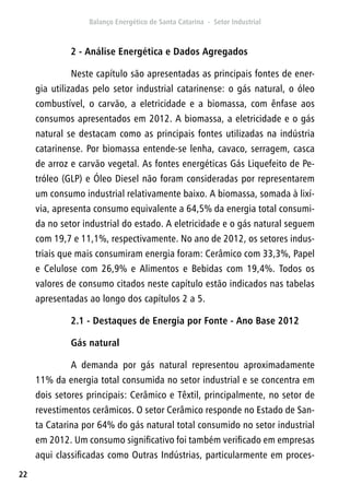 22
2 - Análise Energética e Dados Agregados
Neste capítulo são apresentadas as principais fontes de ener-
gia utilizadas pelo setor industrial catarinense: o gás natural, o óleo
combustível, o carvão, a eletricidade e a biomassa, com ênfase aos
consumos apresentados em 2012. A biomassa, a eletricidade e o gás
natural se destacam como as principais fontes utilizadas na indústria
catarinense. Por biomassa entende-se lenha, cavaco, serragem, casca
de arroz e carvão vegetal. As fontes energéticas Gás Liquefeito de Pe-
tróleo (GLP) e Óleo Diesel não foram consideradas por representarem
um consumo industrial relativamente baixo. A biomassa, somada à lixí-
via, apresenta consumo equivalente a 64,5% da energia total consumi-
da no setor industrial do estado. A eletricidade e o gás natural seguem
com 19,7 e 11,1%, respectivamente. No ano de 2012, os setores indus-
triais que mais consumiram energia foram: Cerâmico com 33,3%, Papel
e Celulose com 26,9% e Alimentos e Bebidas com 19,4%. Todos os
valores de consumo citados neste capítulo estão indicados nas tabelas
apresentadas ao longo dos capítulos 2 a 5.
2.1 - Destaques de Energia por Fonte - Ano Base 2012
Gás natural
A demanda por gás natural representou aproximadamente
11% da energia total consumida no setor industrial e se concentra em
dois setores principais: Cerâmico e Têxtil, principalmente, no setor de
revestimentos cerâmicos. O setor Cerâmico responde no Estado de San-
ta Catarina por 64% do gás natural total consumido no setor industrial
em 2012. Um consumo significativo foi também verificado em empresas
aqui classificadas como Outras Indústrias, particularmente em proces-
 