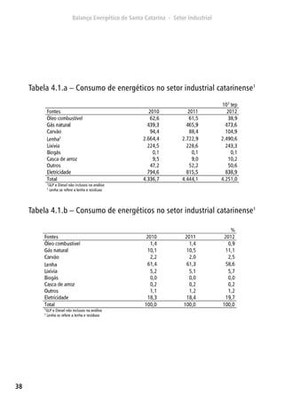 38
Tabela 4.1.a – Consumo de energéticos no setor industrial catarinense1
Tabela 4.1.b – Consumo de energéticos no setor industrial catarinense1
 