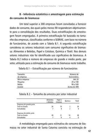 67
B - Inferência estatística e amostragem para estimação
do consumo de biomassa
Um total superior a 300 empresas foram convidadas a fornecer
dados de consumo, das quais pelos menos 90 responderam objetivamen-
te para a consolidação dos resultados. Duas estratificações de amostra-
gem foram empregadas. A primeira estratificação foi baseada no tama-
nho das empresas, classificadas conforme o SEBRAE, com base no número
de funcionários, de acordo com a Tabela B.1. A segunda estratificação
considerou os setores industriais com consumo significativo de biomas-
sa: Alimentos e Bebidas, Papel e Celulose, Química e Têxtil. Nos demais
setores industriais não foi identificado uso significativo de biomassa. A
Tabela B.2 indica o número de empresas de grande e médio porte, por
setor, utilizada para a estimação do consumo de biomassa neste trabalho.
Tabela B.1 – Estratificação por número de funcionários
Tabela B.2 – Tamanho da amostra por setor industrial
A metodologia empregada para estimativa do consumo de bio-
massa no setor industrial de Santa Catarina consistiu na estimação de
 