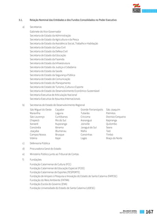 3.1. 	 Relação Nominal das Entidades e dos Fundos Consolidados no Poder Executivo
a)	 Secretarias
Gabinete do Vice-Governador
Secretaria de Estado da Administração
Secretaria de Estado da Agricultura e da Pesca
Secretaria de Estado da Assistência Social, Trabalho e Habitação
Secretaria de Estado da Casa Civil
Secretaria de Estado da Defesa Civil
Secretaria de Estado da Educação
Secretaria de Estado da Fazenda
Secretaria de Estado da Infraestrutura
Secretaria de Estado da Justiça e Cidadania
Secretaria de Estado da Saúde
Secretaria de Estado da Segurança Pública
Secretaria de Estado de Comunicação
Secretaria de Estado do Planejamento
Secretaria de Estado de Turismo, Cultura e Esporte
Secretaria de Estado do Desenvolvimento Econômico Sustentável
Secretaria Executiva de Articulação Nacional
Secretaria Executiva de Assuntos Internacionais
b) 	 Secretarias de Estado de Desenvolvimento Regional
São Miguel do Oeste Caçador Grande Florianópolis São Joaquim
Maravilha Laguna Tubarão Palmitos
São Lourenço Curitibanos Criciúma Dionísio Cerqueira
Chapecó Rio do Sul Araranguá Itapiranga
Xanxerê Ituporanga Joinville Quilombo
Concórdia Ibirama Jaraguá do Sul Seara
Joaçaba Blumenau Mafra Taió
Campos Novos Brusque Canoinhas Timbó
Videira Itajaí Lages Braço do Norte
c)	 Defensoria Pública
d)	 Procuradoria Geral do Estado
e)	 Ministério Público junto ao Tribunal de Contas
f)	 Fundações
Fundação Catarinense de Cultura (FCC)
Fundação Catarinense de Educação Especial (FCEE)
Fundação Catarinense de Esportes (FESPORTE)
Fundação de Amparo à Pesquisa e Inovação do Estado de Santa Catarina (FAPESC)
Fundação do Meio Ambiente (FATMA)
Fundação Escola do Governo (ENA)
Fundação Universidade do Estado de Santa Catarina (UDESC)
167BALANÇO GERAL
NOTAS EXPLICATIVAS
 