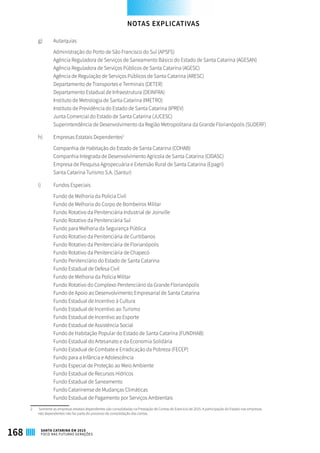 g)	 Autarquias
Administração do Porto de São Francisco do Sul (APSFS)
Agência Reguladora de Serviços de Saneamento Básico do Estado de Santa Catarina (AGESAN)
Agência Reguladora de Serviços Públicos de Santa Catarina (AGESC)
Agência de Regulação de Serviços Públicos de Santa Catarina (ARESC)
Departamento de Transportes e Terminais (DETER)
Departamento Estadual de Infraestrutura (DEINFRA)
Instituto de Metrologia de Santa Catarina (IMETRO)
Instituto de Previdência do Estado de Santa Catarina (IPREV)
Junta Comercial do Estado de Santa Catarina (JUCESC)
Superintendência de Desenvolvimento da Região Metropolitana da Grande Florianópolis (SUDERF)
h)	 Empresas Estatais Dependentes2
Companhia de Habitação do Estado de Santa Catarina (COHAB)
Companhia Integrada de Desenvolvimento Agrícola de Santa Catarina (CIDASC)
Empresa de Pesquisa Agropecuária e Extensão Rural de Santa Catarina (Epagri)
Santa Catarina Turismo S.A. (Santur)
i)	 Fundos Especiais
Fundo de Melhoria da Polícia Civil
Fundo de Melhoria do Corpo de Bombeiros Militar
Fundo Rotativo da Penitenciária Industrial de Joinville
Fundo Rotativo da Penitenciária Sul
Fundo para Melhoria da Segurança Pública
Fundo Rotativo da Penitenciária de Curitibanos
Fundo Rotativo da Penitenciária de Florianópolis
Fundo Rotativo da Penitenciária de Chapecó
Fundo Penitenciário do Estado de Santa Catarina
Fundo Estadual de Defesa Civil
Fundo de Melhoria da Polícia Militar
Fundo Rotativo do Complexo Penitenciário da Grande Florianópolis
Fundo de Apoio ao Desenvolvimento Empresarial de Santa Catarina
Fundo Estadual de Incentivo à Cultura
Fundo Estadual de Incentivo ao Turismo
Fundo Estadual de Incentivo ao Esporte
Fundo Estadual de Assistência Social
Fundo de Habitação Popular do Estado de Santa Catarina (FUNDHAB)
Fundo Estadual do Artesanato e da Economia Solidária
Fundo Estadual de Combate e Erradicação da Pobreza (FECEP)
Fundo para a Infância e Adolescência
Fundo Especial de Proteção ao Meio Ambiente
Fundo Estadual de Recursos Hídricos
Fundo Estadual de Saneamento
Fundo Catarinense de Mudanças Climáticas
Fundo Estadual de Pagamento por Serviços Ambientais
2	 Somente as empresas estatais dependentes são consolidadas na Prestação de Contas do Exercício de 2015. A participação do Estado nas empresas
não dependentes não faz parte do processo de consolidação das contas.
NOTAS EXPLICATIVAS
168 SANTA CATARINA EM 2015
FOCO NAS FUTURAS GERAÇÕES
 