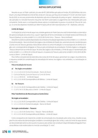 Ressalta-se que, no Poder Judiciário, do valor de R$ 5,385 bilhões aplicados em fundos, R$ 5,024 bilhões não cons-
tituem uma disponibilidade do ente de fato, tendo em vista que, por força da Lei Estadual nº 15.327, de 23 de novem-
bro de 2010, os recursos provenientes de depósitos sob aviso à disposição da justiça em geral – depósitos judiciais –
são aplicados no mercado financeiro enquanto não forem autorizados os pagamentos aos interessados pelo juízo
competente. Sendo assim, a contrapartida desses valores é contabilizada no passivo circulante do Tribunal de Justi-
ça, na conta dos depósitos recebidos por determinação judicial (vide nota explicativa nº 29 – Depósitos Judiciais).
Limite de Saque
A utilização da conta limite de saque nas unidades gestoras do Poder Executivo está fundamentada na sistemática
de operacionalização da conta única, a qual é registrada de forma centralizada na Unidade Gestora da Diretoria do
Tesouro Estadual, na conta contábil 1.1.1.1.1.02.01.00 (Conta Única – Tesouro – Banco do Brasil).
Dessaforma,todososvaloresdepositadosnascontasdearrecadaçãoregistradasnacontacontábil1.1.1.1.1.03.01.01
(Conta Arrecadação – Banco do Brasil) dos órgãos e das entidades do Estado são, automaticamente, transferidos para
a conta única do Tesouro, gerando a baixa desses valores na conta arrecadação e a incorporação de um direito no ór-
gão, com a correspondente obrigação no Tesouro pela centralização da arrecadação. O direito-órgãos e a obrigação-
-Tesouro denominam-se limite de saque. No ativo dos órgãos e das entidades, o limite de saque é representado pela
conta contábil 1.1.1.1.2.40.01.01 (Limite de Saque) e, no passivo do Tesouro, pela conta contábil 2.1.8.9.2.40.01.00 (Re-
cursos a Liberar – Limite de Saque).
Para melhor compreensão da sistemática das contas de limite de saque, apresentam-se a seguir, resumidamente,
o esquema contábil de contabilização da arrecadação de valores nos órgãos e nas entidades, e a centralização na
conta única:
Pela arrecadação do recurso
a)	 No órgão arrecadador:
D – 1.1.1.1.1.03.01.01 (Conta Arrecadação – Banco do Brasil)
C – Conta de Receita, Conta de Passivo ou Conta de Direito
D – 1.1.1.1.2.40.01.01	 (Limite de Saque)
C – 4.5.1.2.2.01.06.00 (Correspondência de Débitos – Limite de Saque)	
b)	 No Tesouro:
D – 3.5.1.2.2.01.06.00 (Correspondência de Créditos – Limite de Saque)
C – 2.1.8.9.2.40.01.00 (Recursos a Liberar – Limite de Saque)
Pela Transferência do Recurso para a Conta Única
No órgão arrecadador:
D – 3.5.1.2.2.01.06.00 (Correspondência de Créditos – Limite de Saque)
C – 1.1.1.1.1.03.01.01 (Conta Arrecadação – Banco do Brasil)
No órgão centralizador – Tesouro:
D – 1.1.1.1.1.02.01.00 (Conta Única – Tesouro – Banco do Brasil)
C – 4.5.1.2.2.01.06.00 (Correspondência de Débitos – Limite de Saque)
Como consequência do tratamento contábil da centralização da arrecadação pela conta única, ressalta-se que,
para fins de análise das demonstrações contábeis e consolidação geral das contas, o valor do limite de saque deverá
ser desconsiderado tanto no ativo quanto no passivo, pois ambos não constituem disponibilidades/obrigações finan-
ceiras efetivas e são evidenciados no nível de consolidação “2- intra”.
NOTAS EXPLICATIVAS
176 SANTA CATARINA EM 2015
FOCO NAS FUTURAS GERAÇÕES
 