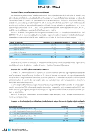 Bens de Infraestrutura/Bens de uso comum do povo
Os critérios e os procedimentos para reconhecimento, mensuração e evidenciação dos ativos de infraestrutura
administrados pelo Poder Executivo Estadual foram fixados por um Grupo de Trabalho composto por servidores da
Secretaria de Estado da Fazenda e do Departamento Estadual de Infraestrutura, designados pela Portaria SEF nº 244,
de 21 de outubro de 2013 (publicada no DOE n° 19.688, de 23 de outubro de 2013). Os critérios foram estabelecidos de
acordo com o previsto nas Normas Brasileiras de Contabilidade Técnicas Aplicadas ao Setor Público nºs
16.9 e 16.10,
aprovadas pelas Resoluções CFC nºs
1.136 e 1.137, de 21 de novembro de 2008, alteradas pela Resolução CFC nº 1.437,
de 22 de março de 2013, e em portarias da STN/MF que regem a matéria.
Em 2015, de acordo com o previsto no cronograma constante no Anexo I da Instrução Normativa Conjunta SEF/
DEINFRA nº 001, de 19 de janeiro de 2015, foram avaliados e registrados os túneis sob o controle do Estado. Isso expli-
ca a elevação do saldo dessa classe de ativos (túneis), conforme pode ser visualizado na tabela a seguir.
R$ milhares
CONTAS DE REGISTRO Saldo em 31/12/2014 Incorporações em 2015 Saldo em 31/12/2015
1.2.3.2.1.03.01.00 – Ruas/Estradas/Rodovias 231.465 188.592 420.057
1.2.3.2.1.03.03.00 – Pontes e Viadutos 551.295 21.470 572.765
1.2.3.2.1.03.04.00 – Túneis 3.191 173.455 176.646
1.2.3.2.1.03.05.00 – Barragens 472 - 472
1.2.3.2.1.03.99.00 – Outros Bens de Uso Comum do Povo 220 - 220
TOTAL 786.643 383.517 1.170.160
Fonte: Sistema Integrado de Planejamento e Gestão Fiscal (SIGEF)
Desde 2013, estão sendo reconhecidos os bens de infraestrutura (novas construções e restaurações significativas)
concluídos, tais como (1) rodovias e estradas, (2) pontes e viadutos, (3) túneis e (4) barragens.
Impacto da Contabilização no Resultado do Período
A Diretoria de Contabilidade Geral, da Secretaria de Estado da Fazenda, optou por seguir o padrão estabelecido
pela Secretaria do Tesouro Nacional, vinculada ao Ministério da Fazenda, promovendo o lançamento da avaliação
inicial de bens já integrantes de seu patrimônio (ou reavaliação inicial) à conta de ajuste de exercícios anteriores. O
efeito no resultado do exercício das depreciações sobre essa avaliação inicial e sobre baixas posteriores desses bens
foi nulo em decorrência dessa opção.
A partir dos procedimentos de avaliação inicial, as novas avaliações são registradas nas contas de variações patri-
moniais aumentativas (VPA), referentes às reavaliações positivas, ou variações patrimoniais diminutivas (VPD), refe-
rentes às reavaliações negativas/redução a valor recuperável, seguindo a orientação do Manual de Contabilidade Apli-
cada ao Setor Público.
Em 2015, as avaliações aumentaram o resultado do exercício em cerca de R$ 216,422 milhões, conforme detalha-
mento apresentado a seguir.
Impacto no Resultado Patrimonial da Reavaliação/Redução a Valor Recuperável de Bens do Imobilizado
R$ milhares
CONTAS DE REGISTRO 31/12/2015 31/12/2014
3.6.1.1.1.01 – Reavaliação de Bens Móveis – VPD (6.362) (7.898)
3.6.1.5.1.01 – Redução a Valor Recuperável de Bens Móveis (6) (7.882)
3.6.1.5.1.02 – Redução a Valor Recuperável de Bens Imóveis (262) (2.672)
4.6.1.1.1.01 – Reavaliação de Bens Móveis – VPA 29.663 43.889
4.6.1.1.1.02 – Reavaliação de Bens Imóveis 193.390 804.801
TOTAL 216.422 830.238
Fonte: Sistema Integrado de Planejamento e Gestão Fiscal (SIGEF)
NOTAS EXPLICATIVAS
188 SANTA CATARINA EM 2015
FOCO NAS FUTURAS GERAÇÕES
 