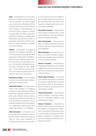 Ativo – compreende os recursos contro-
lados pela entidade como resultado de
eventos passados e do qual se espera
que resultem para a entidade benefícios
econômicos futuros ou potencial de ser-
viços. Abrange as disponibilidades, os
direitos e os bens, tangíveis ou intangí-
veis adquiridos, formados, produzidos,
recebidos, mantidos ou utilizados pelo
setor público, que este seja portador ou
represente um fluxo de benefícios, pre-
sente ou futuro, inerentes à prestação
de serviços públicos.
Passivo – compreende as obrigações
presentes da entidade, derivadas de
eventos passados, cujos pagamentos se
espera que resultem para a entidade sa-
ídas de recursos capazes de gerar bene-
fícios econômicos ou potencial de servi-
ços. Compreende as obrigações assumi-
das pelas entidades do setor público
para a consecução dos serviços públi-
cos ou mantidas na condição de fiel de-
positário, assim como as provisões.
Patrimônio Líquido – é o valor residual
dos ativos da entidade depois de dedu-
zidos todos os seus passivos.
PatrimônioPúblico–éoconjuntodedi-
reitos e bens, tangíveis ou intangíveis,
onerados ou não, adquiridos, formados,
produzidos, recebidos, mantidos ou utili-
zados pelas entidades do setor público,
que este seja portador ou represente um
fluxo de benefícios, presente ou futuro,
inerenteàprestaçãodeserviçospúblicos
ou à exploração econômica por entida-
des do setor público e suas obrigações.
Ativo Circulante – compreende os ati-
vos que atendam a qualquer um dos se-
guintes critérios: sejam caixa ou equiva-
lente de caixa; sejam realizáveis ou
mantidos para venda ou consumo den-
tro do ciclo operacional da entidade; se-
jam mantidos para fins comerciais; se-
jam realizáveis dentro dos doze meses
seguintes à data da publicação das de-
monstrações contábeis.
Ativo Não Circulante – compreende os
bens e direitos realizáveis após os doze
meses seguintes à data de publicação
das demonstrações contábeis.
Ativo Permanente – compreende os
bens, os créditos e os valores cuja mobi-
lização ou alienação dependa de autori-
zação legislativa.
Ativo Financeiro – compreende os cré-
ditos e os valores realizáveis, indepen-
dentemente de autorização orçamentá-
ria, e os valores numerários.
Passivo Circulante – compreende as
obrigações pendentes ou em circulação
exigíveis até o término do exercício se-
guinte ao da publicação das demons-
trações contábeis.
Passivo Não Circulante – compreende
as obrigações conhecidas e estimadas,
cujos prazos estabelecidos ou espera-
dos situem-se após os doze meses se-
guintes à data de publicação das de-
monstrações contábeis.
Passivo Permanente – compreende as
dívidas fundadas e outras que depen-
dam de autorização legislativa para
amortização ou resgate.
Passivo Financeiro – compreende as
dívidas fundadas e outros compromis-
sos exigíveis cujo pagamento indepen-
da de autorização orçamentária como
os restos a pagar, os serviços da dívida a
pagar, os depósitos e os débitos de te-
souraria (operações de crédito por ante-
cipação de receita).
ANÁLISE DAS DEMONSTRAÇÕES CONTÁBEIS
208 SANTA CATARINA EM 2015
FOCO NAS FUTURAS GERAÇÕES
 