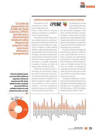 CARTÃO DE PAGAMENTOS DO ESTADO DE SANTA CATARINA
Implantado em 2014,
inicialmente em 1.070 es-
colas da rede estadual de
ensino, o CPESC aplica-se a despesas
pequenas, emergenciais e extraordiná-
rias do cotidiano estadual.
Nesses dois anos (2014 e 2015), além
das unidades escolares, as unidades pri-
sionais administradas pela Secretaria de
Estado da Justiça e Cidadania, as regio-
nais da Fundação do Meio Ambiente
(FATMA), as regionais da Secretaria de Es-
tado da Fazenda e da Procuradoria Geral
do Estado, a Secretaria Executiva de Arti-
culação Nacional, a Secretaria de Estado
do Turismo, Cultura e Esporte e, mais re-
centemente, as unidades hospitalares
vinculadas à Secretaria de Estado da
Saúde, também aderiram ao CPESC.
O CPESC tem a característica de mo-
dernização da administração pública,
pois, além de oportunizar maior auto-
nomia administrativa das unidades que
atendem diretamente o cidadão na rea-
lização de pequenos gastos emergen-
ciais, possibilita um maior controle fi-
nanceiro e uma maior transparência
quando comparado aos modelos tradi-
cionais de suprimentos de fundos.
Os portadores dos Cartões
sãoservidorespúblicoses-
taduais lotados nas unida-
des administrativas abrangidas. Sendo
assim, no âmbito das escolas, são dispo-
nibilizados à direção escolar, nos hospi-
taisestãosobaresponsabilidadedadire-
ção-geral e dos centros de custos identifi-
cadosemcadahospital,jánospresídiose
nas penitenciárias são vinculados à dire-
ção penitenciária, por exemplo.
Em 2015, as despesas realizadas pelo
Poder Executivo utilizando o CPESC so-
maram, aproximadamente, R$ 6,9 mi-
lhões, e os gastos mais representativos
concentraram-se nas escolas estaduais
(R$ 6,4 milhões em 1.092 unidades esco-
lares), nas unidades prisionais (R$ 205
mil em 51 unidades) e nos hospitais ad-
ministrados pela Secretaria de Estado da
Saúde (R$ 226 mil). Estes últimos aderi-
ram ao CPESC no final de 2015, receben-
do apenas uma parcela.
Em pesquisa realizada com os direto-
resdasescolasdaredeestadualdeensino
abrangendo as 36 Gerências Regionais de
Educação, com 770 respostas (mais de
70% das escolas), o CPESC contabilizou
98,18% de conceitos “Ótimo” e “Bom”.
O Cartão de
pagamentos do
Estado de Santa
Catarina (CPESC)
permite que a
administração
estadual realize
despesas de
pequeno vulto
com maior
eficiência e
transparência
SDRAraranguá
SDRBlumenau
SDRBraçodoNorte
SDRBrusque
SDRCaçador
SDRCamposNovos
SDRCanoinhas
SDRChapecó
SDRConcórdia
SDRCriciúma
SDRCuritibanos
SDRDionisioCerqueira
SDRGrandeFlorianópolis
SDRIbirama
SDRItajaí
SDRItapiranga
SDRItuporanga
SDRJaraguádoSul
SDRJoaçaba
SDRJoinville
SDRLages
SDRLaguna
SDRMafra
SDRMaravilha
SDRPalmitos
SDRQuilombo
SDRRiodoSul
SDRSãoJoaquim
SDRSãoLourençodoOeste
SDRSãoMigueldoOeste
SDRSeara
SDRTaió
SDRTimbó
SDRTubarão
SDRVideira
SDRXanxerê
30
26
14
25
14
14
23
43
13
29
10
10
45
16
27
9
11
21
20
58
23
22
38
20
12
7
15
9
5
13
20
19
15
36
16
42
Nível de satisfação quanto
ao uso do CPESC (gráfico da
esquerda) e número de
respostas por SDR. Dados
obtidos durante a avaliação
do uso do CPESC nas
unidades escolares da rede
estadual de ensino, em 2015
Ótimo
57,40%
Péssimo
0%
Bom
40,78%
Regular
1,69%
Ruim
0,13%
35BALANÇO GERAL
ASPECTOS ADMINISTRATIVOS
 