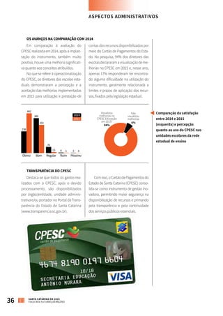 OS AVANÇOS NA COMPARAÇÃO COM 2014
Em comparação à avaliação do
CPESCrealizadaem2014,apósaimplan-
tação do instrumento, também muito
positiva, houve uma melhoria significati-
va quanto aos conceitos atribuídos.
No que se refere à operacionalização
do CPESC, os diretores das escolas esta-
duais demonstraram a percepção e a
aceitação das melhorias implementadas
em 2015 para utilização e prestação de
contas dos recursos disponibilizados por
meio do Cartão de Pagamentos do Esta-
do. Na pesquisa, 94% dos diretores das
escolasdeclararamavisualizaçãodeme-
lhorias no CPESC em 2015 e, nesse ano,
apenas 17% responderam ter encontra-
do alguma dificuldade na utilização do
instrumento, geralmente relacionada a
limites e prazos de aplicação dos recur-
sos, fixados pela legislação estadual.
Comparação da satisfação
entre 2014 e 2015
(esquerda) e percepção
quanto ao uso do CPESC nas
unidades escolares da rede
estadual de ensino
TRANSPARÊNCIA DO CPESC
Destaca-se que todos os gastos rea-
lizados com o CPESC, após o devido
processamento, são disponibilizados
por órgão/entidade, unidade adminis-
trativa e/ou portador no Portal da Trans-
parência do Estado de Santa Catarina
(www.transparencia.sc.gov.br).
Comisso,oCartãodePagamentosdo
Estado de Santa Catarina (CPESC) conso-
lida-se como instrumento de gestão ino-
vadora, permitindo maior segurança na
disponibilização de recursos e primando
pela transparência e pela continuidade
dos serviços públicos essenciais.
Ótimo Bom Regular Ruim Péssimo
238
442
389
70
13 8 1 3 0
314
2014
2015
Visualizou
melhorias no
CPESC Educação
em 2015?
94%
Não
visualizou
melhorias
6%
ASPECTOS ADMINISTRATIVOS
36 SANTA CATARINA EM 2015
FOCO NAS FUTURAS GERAÇÕES
 