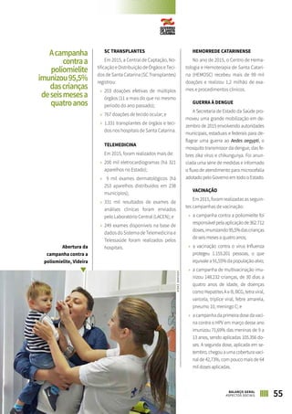 SC TRANSPLANTES
Em 2015, a Central de Captação, No-
tificação e Distribuição de Órgãos e Teci-
dos de Santa Catarina (SC Transplantes)
registrou:
»» 203 doações efetivas de múltiplos
órgãos (11 a mais do que no mesmo
período do ano passado);
»» 767 doações de tecido ocular; e
»» 1.331 transplantes de órgãos e teci-
dos nos hospitais de Santa Catarina.
TELEMEDICINA
Em 2015, foram realizados mais de:
»» 200 mil eletrocardiogramas (há 321
aparelhos no Estado);
»» 9 mil exames dermatológicos (há
253 aparelhos distribuídos em 238
municípios);
»» 331 mil resultados de exames de
análises clínicas foram enviados
pelo Laboratório Central (LACEN); e
»» 249 exames disponíveis na base de
dados do Sistema de Telemedicina e
Telessaúde foram realizados pelos
hospitais.
HEMORREDE CATARINENSE
No ano de 2015, o Centro de Hema-
tologia e Hemoterapia de Santa Catari-
na (HEMOSC) recebeu mais de 99 mil
doações e realizou 1,2 milhão de exa-
mes e procedimentos clínicos.
GUERRA À DENGUE
A Secretaria de Estado da Saúde pro-
moveu uma grande mobilização em de-
zembro de 2015 envolvendo autoridades
municipais, estaduais e federais para de-
flagrar uma guerra ao Aedes aegypti, o
mosquito transmissor da dengue, das fe-
bres zika vírus e chikungunya. Foi anun-
ciada uma série de medidas e informado
o fluxo de atendimento para microcefalia
adotado pelo Governo em todo o Estado.
VACINAÇÃO
Em 2015, foram realizadas as seguin-
tes campanhas de vacinação:
»» a campanha contra a poliomielite foi
responsávelpelaaplicaçãode362.712
doses,imunizando95,5%dascrianças
de seis meses a quatro anos;
»» a vacinação contra o vírus Influenza
protegeu 1.155.201 pessoas, o que
equivale a 91,55% da população-alvo;
»» a campanha de multivacinação imu-
nizou 148.232 crianças, de 30 dias a
quatro anos de idade, de doenças
como Hepatites A e B, BCG, tetra viral,
varicela, tríplice viral, febre amarela,
pneumo 10, meningo C; e
»» acampanhadaprimeiradosedavaci-
na contra o HPV em março desse ano
imunizou 71,69% das meninas de 9 a
13 anos, sendo aplicadas 105.356 do-
ses. A segunda dose, aplicada em se-
tembro,chegouaumacoberturavaci-
nal de 42,73%, com pouco mais de 64
mil doses aplicadas.
55BALANÇO GERAL
ASPECTOS SOCIAIS
Abertura da
campanha contra a
poliomielite, Videira
JOSIANEZAGO
Acampanha
contraa
poliomielite
imunizou95,5%
dascrianças
deseismesesa
quatroanos
 