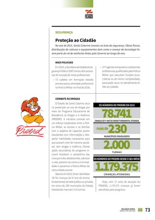 73BALANÇO GERAL
ASPECTOS SOCIAIS
SEGURANÇA
Proteção ao Cidadão
No ano de 2015, Santa Catarina investiu na área da segurança. Obras físicas,
distribuição de viaturas e equipamentos bem como o avanço da tecnologia fa-
zem parte do rol de melhorias feitas pelo Governo ao longo do ano.
MAIS POLICIAIS
Em2015,aSecretariadeEstadodaSe-
gurançaPública(SSP)inicioudoisproces-
sos de inclusão de novos profissionais:
»» 73 cadetes em formação estarão
prontos para a atividade profissional
na Polícia Militar no final de 2016;
»» 277 agentes temporários substituirão
profissionaisqualificadospelaPolícia
Militar que executam funções buro-
cráticas ou de menor complexidade,
para poder atuar no atendimento di-
reto ao cidadão.
COMBATE ÀS DROGAS
O Estado de Santa Catarina atua
na prevenção ao uso de drogas por
meio do Programa Educacional de
Resistência às Drogas e à Violência
(PROERD). A iniciativa consiste em
um esforço cooperativo entre a Polí-
cia Militar, as escolas e as famílias
com o objetivo de capacitar jovens
estudantes com informações e des-
pertar habilidades necessárias para
que possam viver de maneira saudá-
vel, sem drogas e violência. Outras
ações secundárias do programa in-
cluem fortalecer a autoestima das
criançasedosadolescentes,valorizar
a vida, prevenir-se contra a criminali-
dade e aproximar a Polícia Militar da
comunidade escolar.
Apenasem2015,foramatendidas
78.741 crianças do 5º ano do ensino
fundamental,daredepúblicaouprivada,
em cerca de 230 municípios do Estado,
totalizando mais de 2 mil turmas.
Hoje, com 17 anos de atuação do
PROERD, 1.179.375 crianças já foram
atendidas pelo programa.
78.741
1.179.375
maisde
230
OSNÚMEROSDOPROERDEM2015
OSNÚMEROSDOPROERDDESDEOSEUINÍCIO
CRIANÇASDO5ºANODOENSINOFUNDAMENTALATENDIDAS
CRIANÇAS ATENDIDAS
MUNICÍPIOS ENVOLVIDOS
2.000TURMAS
 