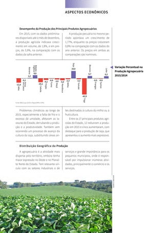 94 SANTA CATARINA EM 2015
FOCO NAS FUTURAS GERAÇÕES
Desempenho da Produção dos Principais Produtos Agropecuários
Em 2015, com os dados prelimina-
res disponíveis até o mês de dezembro,
a produção agrícola indicava cresci-
mento em volume, de 1,8%, e em pre-
ços, de 5,9%, na comparação com os
dados da safra anterior.
A produção pecuária no mesmo pe-
ríodo apontava um crescimento de
1,77%, enquanto os preços cresceram
0,8% na comparação com os dados do
ano anterior. Os preços em ambas as
comparações são nominais.
Fonte: IBGE/Lspa (2015) e Mapa/SIPAS e DFAs
Problemas climáticos ao longo de
2015, especialmente a falta de frio e o
excesso de umidade, afetaram as la-
vouras do Estado, derrubando a produ-
ção e a produtividade. Também vem
ocorrendo um processo de avanço da
cultura da soja, substituindo áreas an-
tes destinadas à cultura do milho ou à
fruticultura.
Entre os 17 principais produtos agrí-
colas do Estado, 12 reduziram a produ-
ção em 2015 e cinco aumentaram, com
destaque para a produção de soja, que
apresentou o aumento mais expressivo.
Distribuição Geográfica da Produção
A agropecuária é a atividade mais
dispersa pelo território, embora tenha
maior expressão no Oeste e no Planal-
to Norte do Estado. Tem relevante vín-
culo com os setores industriais e de
serviços e grande importância para os
pequenos municípios, onde é respon-
sável por impulsionar inúmeras ativi-
dades, principalmente o comércio e os
serviços.
Mandioca
-5,0
Alho
-11,0
Cebola
-10,1
Feijão
-4,2
Fumo
-0,9
Maçã
-3,0
Milho
-2,3
Tomate
-2,2
Frangos
-0,5
Suínos
-0,9
Trigo
-42,9
Arroz
emcasca
Batata-
Inglesa
Banana
-0,1
1,2
Soja
19,9
Bovinos
6,7
Leite
6,28,8
Variação Percentual na
Produção Agropecuária
2015/2014
ASPECTOS ECONÔMICOS
ASCOM/CIDASC
 