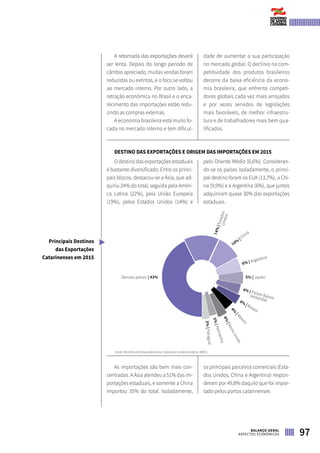 A retomada das exportações deverá
ser lenta. Depois do longo período de
câmbio apreciado, muitas vendas foram
reduzidas ou extintas, e o foco se voltou
ao mercado interno. Por outro lado, a
retração econômica no Brasil e o enca-
recimento das importações estão redu-
zindo as compras externas.
A economia brasileira está muito fo-
cada no mercado interno e tem dificul-
dade de aumentar a sua participação
no mercado global. O declínio na com-
petitividade dos produtos brasileiros
decorre da baixa eficiência da econo-
mia brasileira, que enfrenta competi-
dores globais cada vez mais arrojados
e por vezes servidos de legislações
mais favoráveis, de melhor infraestru-
tura e de trabalhadores mais bem qua-
lificados.
DESTINO DAS EXPORTAÇÕES E ORIGEM DAS IMPORTAÇÕES EM 2015
O destino das exportações estaduais
é bastante diversificado. Entre os princi-
pais blocos, destacou-se a Ásia, que ad-
quiriu 24% do total, seguida pela Améri-
ca Latina (22%), pela União Europeia
(19%), pelos Estados Unidos (14%) e
pelo Oriente Médio (6,6%). Consideran-
do-se os países isoladamente, o princi-
pal destino foram os EUA (13,7%), a Chi-
na (9,9%) e a Argentina (6%), que juntos
adquiriram quase 30% das exportações
estaduais.
	 Fonte: Ministério do Desenvolvimento, Indústria e Comércio Exterior (MDIC)
As importações são bem mais con-
centradas. A Ásia atendeu a 51% das im-
portações estaduais, e somente a China
importou 35% do total. Isoladamente,
os principais parceiros comerciais (Esta-
dos Unidos, China e Argentina) respon-
deram por 49,8% daquilo que foi impor-
tado pelos portos catarinenses.
Principais Destinos
das Exportações
Catarinenses em 2015
Demais países | 43% 5% | Japão
4%
| Rússia
4%
|México
4%
|ReinoUnido
3%|Alemanha
3%|Paraguai
4% | Países Baixos(Holanda)
6% | Argentina
10%
| China
14%|EstadosUnidos
97BALANÇO GERAL
ASPECTOS ECONÔMICOS
 