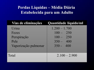 Perdas Líquidas – Média Diária
Estabelecida para um Adulto
 