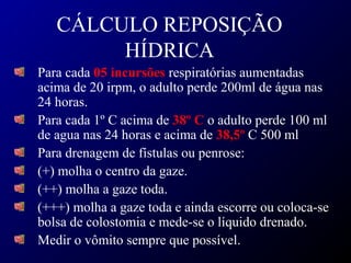 CÁLCULO REPOSIÇÃO
HÍDRICA
Para cada 05 incursões respiratórias aumentadas
acima de 20 irpm, o adulto perde 200ml de água nas
24 horas.
Para cada 1º C acima de 38º C o adulto perde 100 ml
de agua nas 24 horas e acima de 38,5º C 500 ml
Para drenagem de fístulas ou penrose:
(+) molha o centro da gaze.
(++) molha a gaze toda.
(+++) molha a gaze toda e ainda escorre ou coloca-se
bolsa de colostomia e mede-se o líquido drenado.
Medir o vômito sempre que possível.
 