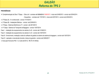Semana de 03 a 07Jun201325
PROVIDÊNCIAS
 Complementação da Obra 1ª Etapa : - Obra civil - contratar até 03/06/2013 19/06/2013 - iniciar até 24/06/2013 - concluir até 20/04/2014
- Esquadrias - contratar até 17/07/2013 - iniciar até 22/07/2013 - concluir até 20/04/2014
 2ª Etapa (A) - Ar condicionado - concluir 14/10/2013
 2ª Etapa (B) - Instalações Elétricas - concluir até 25/09/2013
 3ª Etapa - Sistemas Eletrônicos e TI - concluir até 28/10/2013
 4ª Etapa - Sistema de Transporte de Bagagens - concluir 10/07/2014
Fase I - instalação dos equipamentos nos setores A e B - concluir até 31/08/2013
Fase II - instalação dos equipamentos nos setores C e D - concluir até 10/07/2014
Fase III - fornecimento, instalação e teste do software de gestão do sistema de esteiras de bagagens - concluir até 10/07/2014
Fase IV - operação e manutenção durante o tempo de garantia - concluir até 30/06/2017
 Execução financeira PAC 1 e 2 (até abr/2013) - R$ 79,16 milhões
GALEÃO
Reforma do TPS 2
 