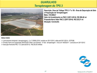 Semana de 03 a 07Jun2013
GUARULHOS
Terraplenagem do TPS 3
27
Descrição: Área de Tráfego TPS 3 1ª e 1B - Área de Depuração de Solo
e Preparação de Terraplenagem
Meta: 310.000m²
Valor do Investimento no PAC 2 (2011-2014): R$ 269,40 mi
Proposta Novo Valor PAC 2 (2011-2014): R$ 235,51 mi
Situação: Concluído
RESULTADOS
 Licenciamento Ambiental (terraplanagem) - LI nº 105650 /2010, emitida em 26/11/2010, válida até 26/11/2014 - CETESB
 Firmado Termo de Cooperação 004-EG/2011/0001 com Exército - 3º lote - terraplenagem - início em 18/05/2011 - concluído em 30/11/2012
 Execução financeira PAC 1 e 2 (até abr/2013) - R$ 230,93 milhões
 