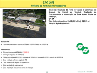 Semana de 03 a 07Jun2013
SÃO LUÍS
Reforma do Terminal de Passageiros
58
Descrição: Instalação do Forro no Saguão e Construção de
Segunda Via Frontal ao Terminal, Ampliação do
Estacionamento e Implantação de Duas Novas Pontes de
Embarque.
UF: MA
Valor do Investimento no PAC 2 (2011-2014): R$ 9,85 mi
Situação: Ação Preparatória
RESULTADOS
 Licenciamento Ambiental - Autorização SEMA de 10/05/2013 válida até 10/05/2014
PROVIDÊNCIAS
 Definição do escopo até 07/06/2013 17/06/2013
 Elaboração de projetos até 01/07/2013
 Publicação do edital até 31/07/2013 - contratar até 30/09/2013 - iniciar até 31/10/2013 - concluir até 30/05/2014
 Obra - instalação do forro no saguão do TPS
 Obra - construção de segunda via frontal do TPS
 Obra - ampliação do estacionamento
 Obra - implantação de duas novas pontes de embarque
 
