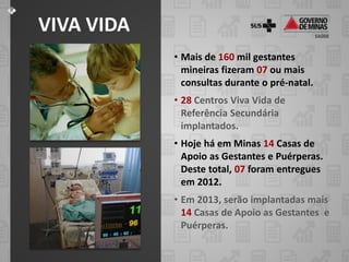 VIVA VIDA
            • Mais de 160 mil gestantes
              mineiras fizeram 07 ou mais
              consultas durante o pré-natal.
            • 28 Centros Viva Vida de
              Referência Secundária
              implantados.
            • Hoje há em Minas 14 Casas de
              Apoio as Gestantes e Puérperas.
              Deste total, 07 foram entregues
              em 2012.
            • Em 2013, serão implantadas mais
              14 Casas de Apoio as Gestantes e
              Puérperas.
 