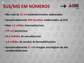 SUS/MG EM NÚMEROS
• São mais de 31 mil estabelecimentos cadastrados
• Aproximadamente 600 hospitais credenciados ao SUS
• Mais 1,2 milhão internações/ano
• 175 mil partos/ano
• 50,5 milhões de consultas/ano
• 1,3 milhões de sessões de hemodiálise/ano
• Aproximadamente 21 mil cirurgias oncológicas de alta
  complexidade/ano
 