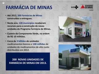 FARMÁCIA DE MINAS
• Até 2012, 500 Farmácias de Minas
  construídas e entregues.
• Neste ano, 128 municípios receberam
  recursos para a construção de novas
  unidades do Programa Farmácia de Minas.
• Custeio do Componente Verde, na ordem
  de R$ 10 milhões.
• Cerca de 3 bilhões de unidades
  medicamentos básicos e 100 milhões de
  unidades de medicamentos de alto custo
  distribuídos em 2012.


     200 NOVAS UNIDADES DE
   FARMÁCIA DE MINAS EM 2013.
 