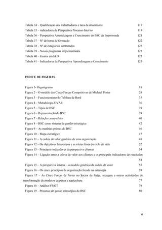 Tabela 34 – Qualificação dos trabalhadores e taxa de absentismo

117

Tabela 35 – indicadores da Perspectiva Processo Interno

118

Tabela 36 – Perspectiva Aprendizagem e Crescimento do BSC da Imporvenda

121

Tabela 37 – Nº de horas de formação

122

Tabela 38 – Nº de estagiários contratados

123

Tabela 39 – Novos programas implementados

123

Tabela 40 – Gastos em I&D

125

Tabela 41 – Indicadores da Perspectiva Aprendizagem e Crescimento

125

INDICE DE FIGURAS

Figura 1- Organigrama

18

Figura 2 – O modelo das Cinco Forças Competitivas de Michael Porter

28

Figura 3 – Funcionamento do Tableau de Bord

35

Figura 4 – Metodologia OVAR

36

Figura 5 – Tipos de BSC

39

Figura 6 – Representação do BSC

39

Figura 7 – Relação causa-efeito

40

Figura 8 – BSC como sistema de gestão estratégica

42

Figura 9 – As matérias-primas do BSC

46

Figura 10 – Mapa estratégico

47

Figura 11 – A cadeia de valor genérica de uma organização

48

Figura 12 – Os objectivos financeiros e as várias fases do ciclo de vida

52

Figura 13 – Principais indicadores da perspectiva clientes

54

Figura 14 – Ligação entre a oferta de valor aos clientes e os principais indicadores de resultados
54
Figura 15 – A perspectiva interna – o modelo genérico da cadeia de valor

55

Figura 16 – Os cinco princípios da organização focada na estratégia

59

Figura 17 – As Cinco Forças de Porter no Sector da Salga, secagem e outras actividades de
transformação de produtos da pesca e aquicultura

77

Figura 18 – Análise SWOT

78

Figura 19 – Processo de gestão estratégica do BSC

80

9

 