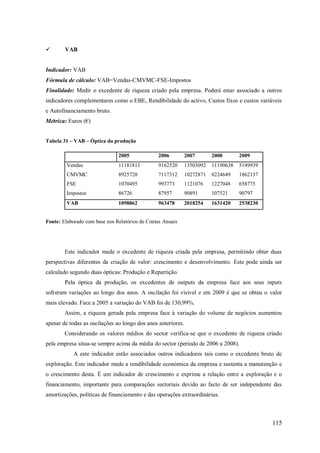 

VAB

Indicador: VAB
Fórmula de cálculo: VAB=Vendas-CMVMC-FSE-Impostos
Finalidade: Medir o excedente de riqueza criado pela empresa. Poderá estar associado a outros
indicadores complementares como o EBE, Rendibilidade do activo, Custos fixos e custos variáveis
e Autofinanciamento bruto.
Métrica: Euros (€)
Tabela 31 – VAB – Óptica da produção
2005

2006

2007

2008

2009

Vendas

11181811

9162520

13503092

11190638

5149939

CMVMC

8925728

7117312

10272871

8224649

1862137

FSE

1070495

993773

1121076

1227048

658775

Impostos

86726

87957

90891

107521

90797

VAB

1098862

963478

2018254

1631420

2538230

Fonte: Elaborado com base nos Relatórios de Contas Anuais

Este indicador mede o excedente de riqueza criada pela empresa, permitindo obter duas
perspectivas diferentes da criação de valor: crescimento e desenvolvimento. Este pode ainda ser
calculado segundo duas ópticas: Produção e Repartição.
Pela óptica da produção, os excedentes de outputs da empresa face aos seus inputs
sofreram variações ao longo dos anos. A oscilação foi visível e em 2009 é que se obteu o valor
mais elevado. Face a 2005 a variação do VAB foi de 130,99%.
Assim, a riqueza gerada pela empresa face á variação do volume de negócios aumentou
apesar de todas as oscilações ao longo dos anos anteriores.
Considerando os valores médios do sector verifica-se que o excedente de riqueza criado
pela empresa situa-se sempre acima da média do sector (período de 2006 a 2008).
A este indicador estão associados outros indicadores tais como o excedente bruto de
exploração. Este indicador mede a rendibilidade económica da empresa e sustenta a manutenção e
o crescimento desta. É um indicador de crescimento e exprime a relação entre a exploração e o
financiamento, importante para comparações sectoriais devido ao facto de ser independente das
amortizações, politicas de financiamento e das operações extraordinárias.

115

 