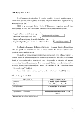 3.4.8 - Perspectivas do BSC

O BSC para além de mecanismo de controlo estratégico é também uma ferramenta de
comunicação que visa guiar os gestores e descrever a ligação entre medidas lagging e leading
(Kaplan e Norton, 1992).
O BSC foi apresentado por Kaplan e Norton (1992) em quatro perspectivas que se dividem
em indicadores lag e lead, isto é, indicadores de resultados e de tendência respectivamente.

- Perspectiva Financeira: indicadores lag
Relacionados com os resultados

- Perspectiva Cliente: indicadores lead
- Perspectiva Processo interno de negócio: indicadores lead
- Perspectiva Aprendizagem e crescimento: indicadores lead

Determinam os resultados

Os indicadores financeiros são lag pois só reflectem o efeitos das decisões não quando são
feitas mas quando são materializadas, sendo as provas concretas dos efeitos de todas as outras
medidas (Epstein e Manzoni, 1998).
É necessário ter em atenção que estas perspectivas apresentam vários indicadores dentro de
cada um que são de extrema importância na avaliação da organização. A escolha dos indicadores
deverá ter em consideração o contexto em que a organização se encontra, pois existem
características, como a idade da organização, o ramo de actividade e a concorrência, que poderão
influenciar o sucesso da organização (Pun e White, 2005; Debusk et al, 2003; Epstein e Manzoni,
1998; Veen-Dirks e Wijn, 2002).
Assim, considerando as quatro perspectivas citadas por Kaplan e Norton (1992) temos:
Tabela 6 – Perspectivas do BSC
PERSPECTIVA
Financeira
Clientes
Processo interno

Aprendizagem e Crescimento

QUESTAO PRINCIPAL
“Como nos vêem os accionistas?”
“Como lidar com os clientes?”
“Onde podemos ser excelentes?”
“Como podemos continuar a inovar e a criar
valor?”

Fonte: adaptado de António, Rodrigues (2006)

51

 