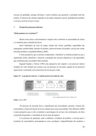 serviços de qualidade, entregas eficientes e outros atributos que garantem a satisfação total dos
clientes. O interesse dos clientes enquadra-se em quatro categorias: prazos, qualidade dos produtos
e serviços, nível do serviço e custos.


Perspectiva processos internos

“Onde podemos ser excelentes?”

Mostra como eficaz e eficientemente o negócio está a satisfazer as necessidades do cliente
e a contribuir para a obtenção de lucros.
Inclui indicadores de ciclo de tempo, rotação dos stocks, qualidade, capacidades dos
empregados, produtividade, desenho do produto, desenvolvimento do produto, serviço pós-venda,
eficiência produtiva e qualidade (Manica, 2009).
É nesta perspectiva que se procura compreender e identificar os métodos produtivos que a
organização utiliza, identificar e mensurar a prestação dos recursos disponíveis e de capacidades
que contribuem para um produto final excelente.
Segundo Kaplan e Norton (1992) esta perspectiva diz respeito a um processo interno
completo de valor fechado que começa com um processo de inovação, seguido de um processo
operacional e concluindo com um processo de serviço pós-venda.
Figura 15 – A perspectiva interna - o modelo genérico da cadeia de valor

Fonte: Costa, 2009

No processo de inovação dá-se a identificação das necessidades correntes e futuras dos
consumidores e desenvolvimento de novas soluções para essas necessidades. Para Monteiro (2006)
é nesta perspectiva que se deve considerar a percentagem de serviços sem reclamações, de obras
em período de garantia e a introdução de novas áreas de negócio.
É no processo de operações, onde se delibera a existência de produtos e serviços para a
existência de consumidores, preocupando-se com a produção e disponibilização dos produtos e

55

 