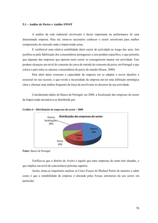 5.1 – Análise de Porter e Análise SWOT

A análise da rede industrial envolvente é factor importante na performance de uma
determinada empresa. Para tal, torna-se necessário conhecer o sector envolvente para melhor
compreensão do mercado onde a Imporvenda actua.
É verificável uma relativa estabilidade deste sector de actividade ao longo dos anos. Isto
justifica-se pela fidelização dos consumidores portugueses a este produto específico, o que permitiu
que algumas das empresas que operam neste sector se conseguissem manter em actividade. Este
produto alcançou um nível de consumo de cerca de metade do consumo de peixe em Portugal o que
coloca o país entre os maiores consumidores de peixe do mundo (Sousa, 2009).
Para além deste consumo a capacidade da empresa em se adaptar a novos desafios é
essencial no seu sucesso, o que revela a necessidade da empresa em ter uma definição estratégica
clara e efectuar uma análise frequente da força da envolvente no decorrer da sua actividade.

Considerando dados do Banco de Portugal, em 2008, a localização das empresas do sector
da Imporvenda encontrava-se distribuída por:
Gráfico 6 – Distribuição de empresas do sector - 2008

Distribuição das empresas do sector
Outras
localizações
26%
Aveiro
49%
Lisboa
15%
Porto
10%
Fonte: Banco de Portugal

Verifica-se que o distrito de Aveiro é aquele que mais empresas do ramo tem situadas, o
que implica um nível de concorrência próxima superior.
Assim, torna-se importante analisar as Cinco Forças de Michael Porter de maneira a saber
como é que a rentabilidade da empresa é afectada pelas Forças estruturais do seu sector em
particular.

76

 