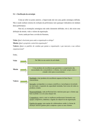 5.2 – Clarificação da estratégia

Como já referi no ponto anterior, a Imporvenda não tem uma gestão estratégica definida.
Não é usado nenhum sistema de avaliação de performance nem quaisquer indicadores de medição
dessa performance.
Para tal, as orientações estratégicas não estão claramente definidas, isto é, não existe uma
definição da missão, visão e valores da organização.
Assim, tendo por base a revisão de literatura,

Visão: Qual o horizonte para onde a organização se dirige?
Missão: Qual o propósito central da organização?
Valores: Quais os padrões de conduta que guiam a organização e que marcam a sua cultura
organizacional?

Então,

Visão

Missão

Valores

Ser líder no seu sector de actividade

Criar produtos de excelência que garantam o cumprimento das
necessidades dos consumidores e clientes, inovando sempre mais e
criando valor para os accionistas.

Qualidade: criar produtos de excelência capazes de fazer face à
concorrência
Inovação: acompanhar os avanços científicos e tecnológicos investindo
na renovação e expansão da capacidade instalada, bem como de todos os
produtos criados
Responsabilidade: cada profissional dá o máximo para que o cliente seja
bem recebido e se crie uma relação fiel.
Competência: atrair e reter os melhores profissionais formando uma
equipa competitiva, dinâmica e ligada aos objectivos da organização.
Espírito de equipa: uma equipa de colaboradores unida é a forma de
alcançar maiores ganhos para a empresa e para os seus clientes.

79

 
