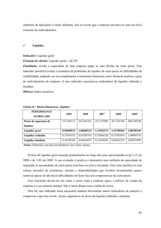 cobertura de aplicações é muito diferente. Isto só revela que a empresa encontra-se com um nível
crescente de endividamento.



Liquidez

Indicador: Liquidez geral
Fórmula de cálculo: Liquidez geral = AC/PC
Finalidade: Avalia a capacidade de uma empresa pagar as suas dívidas de curto prazo. Este
indicador permitirá avaliar a existência de problemas de liquidez de curto prazo ou dificuldades de
rendibilidade, podendo ser um complemento á autonomia financeira como forma de analisar o grau
de endividamento da empresa. A este indicador associam-se indicadores de liquidez reduzida e
imediata.
Métrica: Índice numérico

Tabela 12 – Rácios financeiros - liquidez
PERFORMANCE

2005

2006

2007

2008

2009

272,428113

221,441541

251,197098

267,101360

868,749740

Liquidez geral

0,99690515

1,00605223

1,13552374

1,15750369

1,88785349

Liquidez reduzida

0,72639155

0,61029743

0,75869120

0,71983874

1,40005376

Liquidez imediata

0,10188784

0,04454453

0,12954688

0,05652279

0,05075995

SCORECARD
Prazo de segurança de
liquidez

Fonte: Elaborado com base nos Relatórios de Contas Anuais

O rácio de liquidez geral aumenta gradualmente ao longo dos anos aproximando-se de 1,15 em
2008 e de 1,89 em 2009. A sua evolução é positiva e demonstra uma melhoria da capacidade de
responder às necessidades de curto prazo com base no activo circulante. Este valor justifica-se com
valores elevados de existências, clientes e disponibilidades que revelam investimentos pouco
rentáveis apesar de não haver dificuldades em fazer face aos compromissos de curto prazo.
Esta conclusão deverá ter em conta o sector onde a empresa opera, a política de vendas da
empresa e o seu carácter sazonal. Não é muito díspar com a média do sector.
Para tal, este indicador torna necessário analisar brevemente outros indicadores de maneira a
comprovar o que este revela. Assim, sugerem-se os rácios de liquidez reduzida e imediata.

87

 