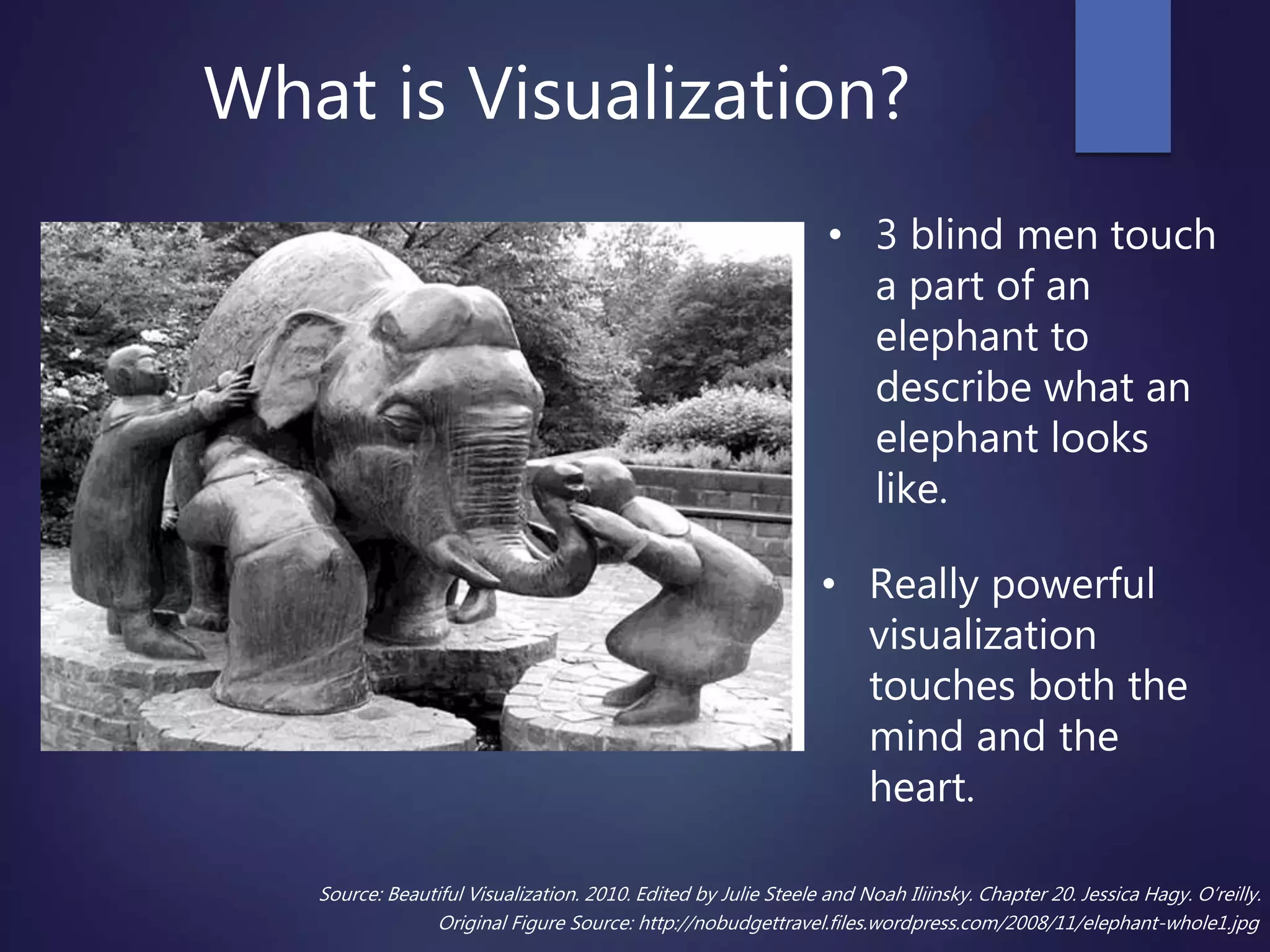 What is Visualization?
• Really powerful
visualization
touches both the
mind and the
heart.
Source: Beautiful Visualization. 2010. Edited by Julie Steele and Noah Iliinsky. Chapter 20. Jessica Hagy. O’reilly.
Original Figure Source: http://nobudgettravel.files.wordpress.com/2008/11/elephant-whole1.jpg
• 3 blind men touch
a part of an
elephant to
describe what an
elephant looks
like.
 