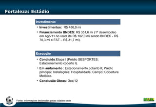 Fortaleza: Estádio Concluído :Etapa1 (Prédio SESPORTES; Estacionamento coberto I).  Em andamento  : Estacionamento coberto II; Prédio principal; Instalações; Hospitalidade; Campo; Cobertura Metálica. Conclusão Obras : Dez/12 Investimentos:  R$ 486,0 mi Financiamento BNDES:  R$ 351,6 mi (1º desembolso em Ago/11 no valor de R$ 102,0 mi sendo BNDES - R$ 70,3 mi e EST – R$ 31,7 mi). Fonte: informações declaradas pelas cidades-sede Execução Investimento 