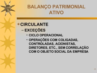 BALANÇO PATRIMONIAL ATIVO CIRCULANTE EXCEÇÕES  CICLO OPERACIONAL OPERAÇÕES COM COLIGADAS, CONTROLADAS, ACIONISTAS, DIRETORES, ETC., SEM CORRELAÇÃO COM O OBJETO SOCIAL DA EMPRESA 