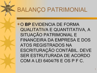 BALANÇO PATRIMONIAL O  BP  EVIDENCIA DE FORMA QUALITATIVA E QUANTITATIVA, A SITUAÇÃO PATRIMONIAL E FINANCEIRA DA EMPRESA E DOS ATOS REGISTRADOS NA ESCRITURAÇÃO CONTÁBIL. DEVE SER ESTRUTURADA DE ACORDO COM A LEI 6404/76 E OS P F C. 