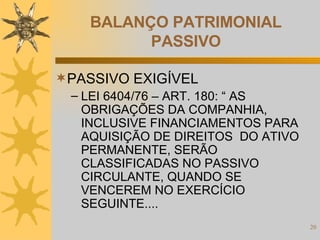 BALANÇO PATRIMONIAL PASSIVO PASSIVO EXIGÍVEL  LEI 6404/76 – ART. 180: “ AS OBRIGAÇÕES DA COMPANHIA, INCLUSIVE FINANCIAMENTOS PARA AQUISIÇÃO DE DIREITOS  DO ATIVO PERMANENTE, SERÃO CLASSIFICADAS NO PASSIVO CIRCULANTE, QUANDO SE VENCEREM NO EXERCÍCIO SEGUINTE.... 