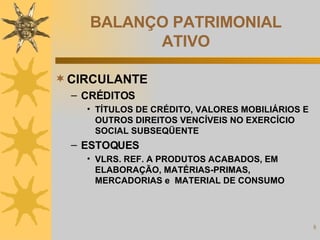 BALANÇO PATRIMONIAL ATIVO CIRCULANTE CRÉDITOS TÍTULOS DE CRÉDITO, VALORES MOBILIÁRIOS E OUTROS DIREITOS VENCÍVEIS NO EXERCÍCIO SOCIAL SUBSEQÜENTE ESTOQUES VLRS. REF. A PRODUTOS ACABADOS, EM ELABORAÇÃO, MATÉRIAS-PRIMAS, MERCADORIAS e  MATERIAL DE CONSUMO 