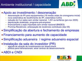 Ambiente institucional / capacidade
Apoio ao investimento / desoneração
desoneração do IPI para equipamentos (18 meses antes do cronograma inicial)
nova sistemática de recolhimento do IPI, sistemática Cofins
redução do II p/ eqtos sem similar nacional, 1.251 ex-tarifários (jan-nov 2005)
depreciação acelerada, programa pré-empresa
financiamento a eqto importado sem similar nacional (BNDES)
Prominp-Recebíveis: antecipação de recebíveis contratuais (dez 05)
Simplificação da abertura e fechamento de empresas
Financiamento para aumento de capacidade
Simplificação aduaneira / regime aduaneiro espacial
Instalação da sala do investidor (PR)
agenda de atração de investimentos em áreas-chave
política para transnacionais: atrair centros de desenvolvimento
ABDI e CNDI
 