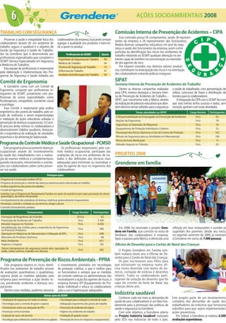 6                                                                                                                      AÇÕES SOCIOAMBIENTAIS 2008

TRABALHO COM SEGURANÇA                                                                                          Comissão Interna de Prevenção de Acidentes – CIPA
                                                                                                                   Esta comissão possui 56 componentes, sendo 28 represen-
   Preservar a saúde e integridade física dos            colaboradores da empresa, buscando sempre
                                                                                                                tantes da empresa e 28 representantes dos funcionários.
colaboradores através de um ambiente de                  agregar a qualidade aos produtos e bem-es-
                                                                                                                Realiza diversas campanhas educativas em prol da segu-
trabalho seguro e saudável é o objetivo de               tar a quem os produz.
                                                                                                                rança e saúde dos funcionários da empresa, assim como
Gestão da Segurança e Saúde do Trabalha-
                                                                                                                participa da identificação dos riscos nos ambientes de
dor da Grendene que é desenvolvida por                            Profissionais do SESMT             Quant.     trabalho relatando ao SESMT qualquer alteração no am-
profissionais especializados que compõem o
                                                          Engenheiro de Segurança do Trabalho            04     biente capaz de interferir na concentração ou intensida-
SESMT (Serviço Especializado em Segurança
                                                          Médicos do Trabalho                            04     de dos agentes de risco.
e Medicina do Trabalho).
                                                          Técnicos de Segurança do Trabalho              14        Por estarem inseridos nos diversos setores produti-
   Esta equipe de profissionais é responsável
                                                          Enfermeira do Trabalho                         01     vos, contribuem na antecipação dos riscos e na orientação
pela elaboração e implementação dos Pro-
                                                          Auxiliares de Enfermagem do Trabalho           04     dos colaboradores evitando práticas inseguras.
gramas de Segurança e Saúde voltados aos

Comitê de Ergonomia                                                                                             SIPAT
                                                                                                                Semana Interna de Prevenção de Acidentes do Trabalho
    A Grendene conta com um Comitê de
Ergonomia composto por profissionais in-                                                                            Dentre as diversas campanhas realizadas       e saúde do trabalhador, com apresentação de
tegrantes do SESMT, juntamente com pro-                                                                         pela CIPA, merece destaque a Semana Inter-        vídeos, concursos de frases e distribuição de
fissionais de outras especialidades como                                                                        na de Prevenção de Acidentes do Trabalho –        brindes para os colaboradores.
fisioterapeuta, ortopedista, assistente social                                                                  SIPAT, que movimenta toda a fábrica, através          A integração da CIPA com o SESMT faz com
e psicólogo.                                                                                                    da realização de palestras educativas que abor-   que este evento tenha sucesso e todos, sem
    Esse Comitê é responsável pela análise                                                                      dam diversos temas voltados para a segurança      exceção, ganham com estas atividades.
ergonômica dos postos de trabalho, pelo es-                                                                                       Temas abordados na SIPAT                      Carga Horária    Participantes
tudo de melhorias a serem implementadas                                                                          A Responsabilidade do Empregado na Prevenção de Acidentes           1h/a             65
e realização de ações educativas voltadas à
                                                                                                                 Noções de Ergonomia                                                 1h/a             79
prevenção de doenças ocupacionais. O Comi-
                                                                                                                 Segurança na Operação de Máquinas                                   1h/a             54
tê procura ainda motivar os colaboradores a
                                                                                                                 Equipamento de Proteção Individual e Coletivo                       1h/a             55
desenvolverem hábitos saudáveis, destacan-
do a importância da realização de atividades                                                                     Prevenção dos Riscos Químicos e Uso do Creme de Proteção            1h/a            162
esportivas e da alimentação balanceada.                                                                          Minuto de Segurança para as Atividades em Manutenção                1h/a            184
                                                                                                                 Riscos da Auto Medicação                                            1h/a             13
Programa de Controle Médico e Saúde Ocupacional - PCMSO                                                          Atitudes Seguras no Trânsito                                        1h/a             63
   Este programa procura prevenir doenças                   Os profissionais responsáveis pelo con-
ocupacionais através do monitoramento                   trole médico ocupacional, participam das
da saúde dos trabalhadores com a realiza-               avaliações de riscos nos ambientes de tra-              PROJETOS 2008
ção de exames médicos e complementares                  balho e das definições das técnicas mais
quando necessário, treinamentos e orienta-              adequadas para minimizar ou neutralizar a               Grendene em família
ções aos colaboradores sobre como preser-               ação do agente de risco no organismo dos
var sua saúde.                                          colaboradores.
                                               Principais ações
• Programa de Conservação Auditiva (PCA);
• Programa de prevenção e controle das doenças osteomusculares relacionadas ao trabalho;
• Análise ergonômica dos postos de trabalho;
• Comitê de Ergonomia;
• Interface com o Programa de Planejamento Familiar em ações de assistência pré-natal, prevenção do câncer
  ginecológico, da mama e da próstata;
• Acompanhamento dos portadores de doenças sistêmicas potencialmente incapacitantes;
• Prevenção, controle e combate ao uso do fumo, drogas e álcool;
• Controle e licenciamento sanitário

                          Treinamentos                                  Carga Horária        Participantes
 Formação de Brigadistas de Incêndio                                        20 h/a                  62
 Prevenção de Acidentes de Trabalho                                          1h/a                5.109
 Atitudes Seguras no Trânsito                                                1h/a                4.456
 Sensibilização das chefias para a importância da Ergonomia
                                                                             1h/a                  589             Em 2008, foi retomado o projeto Gren-          refeição em seus restaurantes e ouvidas as
 no Processo Produtivo
                                                                                                                dene em Família, que consiste na visita de        sugestões dos parentes. Desde seu início,
 Operação em Máquinas de Manutenção e Utilização de EPIs                     1h/a                  698
                                                                                                                familiares dos colaboradores à empresa.           no segundo semestre de 2008, já visitaram
 Manuseio de Produtos Químicos                                               1h/a                   68
                                                                                                                Após o passeio pela fábrica, é oferecida uma      a Grendene em torno de 7.000 pessoas.
 Meio Ambiente                                                               1h/a                  651
 Higiene e Limpeza                                                           1h/a                  162          Oficina de Desenho para o Cartão de Natal das Crianças
 Outros treinamentos de segurança (entre eles: operação de
                                                                             1h/a                  282             O Projeto Grendene em Família tam-
 solda, coleta seletiva, trabalho em alturas)
                                                                                                                bém realizou neste ano a Oficina de De-
                                                                                                                senho para o Cartão de Natal das Crianças.
Programa de Prevenção de Riscos Ambientais - PPRA                                                                  Os pais inscreveram seus filhos para
    Este programa registra os riscos identi-             o investimento prioritário em tecnologias              que estivessem na empresa numa ofi-
ficados nos ambientes de trabalho através                de proteção coletiva, o que é melhor para              cina muito divertida com teatro de bo-
de avaliações quantitativas e qualitativas,              os funcionários e sempre que as medidas                necos, contação de estórias e desenhos
registra ainda as medidas adotadas pela                  de controle coletivas ou administrativas não           infantis. Todos os colaboradores parti-
empresa para minimizar a ação destes ris-                neutralizarem a ação dos agentes de riscos, a          ciparam da votação do desenho que foi
cos, prevenindo acidentes e doenças ocu-                 empresa fornece EPI (Equipamento de Pro-               capa do convite da festa de Natal das
pacionais.                                               teção Individual) e educa os colaboradores             crianças deste ano.
    Dentre estas medidas, podemos destacar               para o uso e higienização adequados.
                                            Outras ações do SESMT
                                                                                                                Indústria saudável
                                                                                                                   Conhecer cada vez mais as demandas de          Este projeto parte de um levantamento
 • Sinalização de segurança em todos os setores           • Tecnologias para a redução e controle do ruído
                                                                                                                saúde de seus colaboradores é um fator fun-       completo das demandas de saúde dos
 • Tecnologias para o controle de gases e vapores         • Adequação ergonômica dos postos de trabalho
                                                                                                                damental para a promoção das políticas de         trabalhadores da indústria que fornecerá
 • Treinamentos sobre uso adequado de EPIs                • Prevenção de acidentes de trajeto                   saúde e segurança na Grendene.                    subsídios para que sejam implementadas
 • Prevenção contra incêndios                             • Higiene nos ambientes de trabalho                      Com este objetivo, a Grendene aderiu           ações preventivas.
 • Inspeção de vasos sob pressão                          • Instalação de guarda-corpos                         ao Projeto Indústria Saudável realizado              Em Sobral, a Grendene já realizou 6.500
 • Tecnologias para melhoria do conforto térmico nos galpões • Prevenção de riscos em máquinas e equipamentos   pelo SESI nas indústrias de todo o país.          avaliações espontâneas.
 