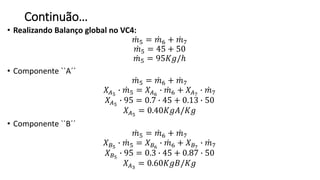 Continuão…
• Realizando Balanço global no VC4:
𝑚5 = 𝑚6 + 𝑚7
𝑚5 = 45 + 50
𝑚5 = 95𝐾𝑔/ℎ
• Componente ``A´´
𝑚5 = 𝑚6 + 𝑚7
𝑋𝐴5
∙ 𝑚5 = 𝑋𝐴6
∙ 𝑚6 + 𝑋𝐴7
∙ 𝑚7
𝑋𝐴5
∙ 95 = 0.7 ∙ 45 + 0.13 ∙ 50
𝑋𝐴5
= 0.40𝐾𝑔𝐴/𝐾𝑔
• Componente ``B´´
𝑚5 = 𝑚6 + 𝑚7
𝑋 𝐵5
∙ 𝑚5 = 𝑋 𝐵6
∙ 𝑚6 + 𝑋 𝐵7
∙ 𝑚7
𝑋 𝐵5
∙ 95 = 0.3 ∙ 45 + 0.87 ∙ 50
𝑋𝐴3
= 0.60𝐾𝑔𝐵/𝐾𝑔
 