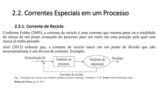 2.2. Correntes Especiais em um Processo
2.2.1. Corrente de Reciclo
Conforme Felder (2005), a corrente de reciclo é uma corrente que retorna parte ou a totalidade
da massa de um ponto avançado do processo para um outro em uma posição pela qual esta
massa já tenha passado.
Justi (2012) enfaseia que, a corrente de reciclo nasce em um ponto de divisão que não
necessariamente é um divisor de corrente. Exemplo:
Fig 1: fluxograma de sistema com múltiplas unidades, processo contendo 2 unidades e 5 VC. Fonte: Gabriel Henriques Justi,
Balanço de Massa, pg 22. 2012.
 