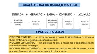 EQUAÇÃO GERAL DO BALANÇO MATERIAL
ENTRADA + GERAÇÃO - SAÍDA - CONSUMO = ACÚMULO
Através das
fronteiras do
sistema
Dentro do
sistema
Através das
fronteiras do
sistema
Dentro do
sistema
Dentro do
sistema
TIPOS DE PROCESSOS
PROCESSO CONTÍNUO – um processo no qual a massa de alimentação e os produtos
fluem continuamente enquanto dura o processo.
PROCESSO DESCONTÍNUO – um processo no qual a massa não é adicionada e nem
removida durante a operação.
PROCESSO SEMI – CONTÍNUO - um processo no qual há entrada de massa, mas o
produto não é removido durante a operação (vice – versa)
 
