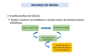  Escolha da Base de Cálculo
 Ajuda a resolver um problema, e muitas vezes, de maneira menos
trabalhosa.
BALANÇO DE MASSA
O que eu quero achar? Como devo começar?
Qual a base mais
conveniente?
Importante que a
base seje colocada no
inicio do problema
 