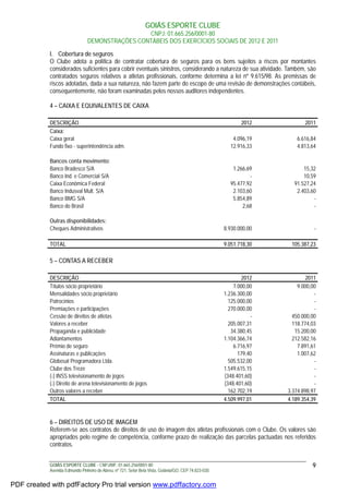 GOIÁS ESPORTE CLUBE
CNPJ: 01.665.256/0001-80
DEMONSTRAÇÕES CONTÁBEIS DOS EXERCÍCIOS SOCIAIS DE 2012 E 2011
GOIÁS ESPORTE CLUBE - CNPJ/MF: 01.665.256/0001-80
Avenida Edmundo Pinheiro de Abreu, nº 721, Setor Bela Vista, Goiânia/GO, CEP 74.823-030.
9
I. Cobertura de seguros
O Clube adota a política de contratar cobertura de seguros para os bens sujeitos a riscos por montantes
considerados suficientes para cobrir eventuais sinistros, considerando a natureza de sua atividade. Também, são
contratados seguros relativos a atletas profissionais, conforme determina a lei nº 9.615/98. As premissas de
riscos adotadas, dada a sua natureza, não fazem parte do escopo de uma revisão de demonstrações contábeis,
consequentemente, não foram examinadas pelos nossos auditores independentes.
4 – CAIXA E EQUIVALENTES DE CAIXA
DESCRIÇÃO 2012 2011
Caixa:
Caixa geral 4.096,19 6.616,84
Fundo fixo - superintendência adm. 12.916,33 4.813,64
Bancos conta movimento:
Banco Bradesco S/A 1.266,69 15,32
Banco Ind. e Comercial S/A - 10,59
Caixa Econômica Federal 95.477,92 91.527,24
Banco Indusval Mult. S/A 2.103,60 2.403,60
Banco BMG S/A 5.854,89 -
Banco do Brasil 2,68 -
Outras disponibilidades:
Cheques Administrativos 8.930.000,00 -
TOTAL 9.051.718,30 105.387,23
5 – CONTAS A RECEBER
DESCRIÇÃO 2012 2011
Títulos sócio proprietário 7.000,00 9.000,00
Mensalidades sócio proprietário 1.236.300,00 -
Patrocínios 125.000,00 -
Premiações e participações 270.000,00 -
Cessão de direitos de atletas - 450.000,00
Valores a receber 205.007,31 118.774,03
Propaganda e publicidade 34.380,45 15.200,00
Adiantamentos 1.104.366,74 212.582,16
Prêmio de seguro 6.716,97 7.891,61
Assinaturas e publicações 179,40 1.007,62
Globosat Programadora Ltda. 505.532,00 -
Clube dos Treze 1.549.615,15 -
(-) INSS televisionamento de jogos (348.401,60) -
(-) Direito de arena televisionamento de jogos (348.401,60) -
Outros valores a receber 162.702,19 3.374.898,97
TOTAL 4.509.997,01 4.189.354,39
6 – DIREITOS DE USO DE IMAGEM
Referem-se aos contratos de direitos de uso de imagem dos atletas profissionais com o Clube. Os valores são
apropriados pelo regime de competência, conforme prazo de realização das parcelas pactuadas nos referidos
contratos.
PDF created with pdfFactory Pro trial version www.pdffactory.com
 