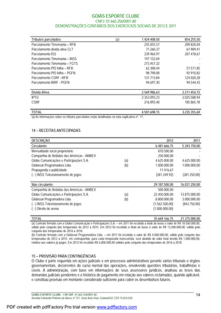 GOIÁS ESPORTE CLUBE
CNPJ: 01.665.256/0001-80
DEMONSTRAÇÕES CONTÁBEIS DOS EXERCÍCIOS SOCIAIS DE 2012 E 2011
GOIÁS ESPORTE CLUBE - CNPJ/MF: 01.665.256/0001-80
Avenida Edmundo Pinheiro de Abreu, nº 721, Setor Bela Vista, Goiânia/GO, CEP 74.823-030.
14
Tributos parcelados: (a) 1.424.408,50 854.255,50
Parcelamento Timemania – RFB 255.055,57 209.820,04
Parcelamento dívida ativa CLT 71.260,37 67.909,41
Parcelamento ISS 239.964,97 207.478,67
Parcelamento Timemania – INSS 197.152,69 -
Parcelamento Timemania – FGTS 273.457,32 -
Parcelamento PIS folha – RFB 62.308,44 57.571,85
Parcelamento PIS folha – PGFN 98.798,00 92.910,82
Parcelamento CSRF –RFB 131.713,84 124.020,28
Parcelamento IRRF - PGFN 94.697,30 94.544,43
Divida Ativa: 2.569.986,63 2.211.454,72
IPTU 2.353.093,23 2.025.588,94
CSRF 216.893,40 185.865,78
TOTAL 4.501.698,15 3.235.355,69
(a) As informações sobre os tributos parcelados estão detalhadas na nota explicativa nº. 17.
14 – RECEITAS ANTECIPADAS
DESCRIÇÃO 2012 2011
Circulante: 6.481.666,75 5.343.750,00
Mensalidade sócio proprietário 870.500,00 -
Companhia de Bebidas das Américas - AMBEV 250.000,00 -
Globo Comunicações e Participações S.A. (a) 4.625.000,00 4.625.000,00
Globosat Programadora Ltda. (b) 1.000.000,00 1.000.000,00
Propaganda e publicidade 17.416,67 -
( - ) INSS Televisionamento de jogos (281.249,92) (281.250,00)
Não circulante: 29.187.500,00 16.031.250,00
Companhia de Bebidas das Américas - AMBEV 500.000,00 -
Globo Comunicações e Participações S.A. (a) 22.450.000,00 13.875.000,00
Globosat Programadora Ltda. (b) 8.800.000,00 3.000.000,00
( - ) INSS Televisionamento de jogos (1.562.500,00) (843.750,00)
( - ) Direito de arena (1.000.000,00) -
TOTAL 35.669.166,75 21.375.000,00
(a) Contrato firmado com a Globo Comunicação e Participações S.A. – em 2011 foi recebido a título de luvas o valor de R$ 18.500.000,00,
válido pelo conjunto das temporadas de 2012 a 2015. Em 2012 foi recebido a título de luvas o valor de R$ 13.200.000,00, válido pelo
conjunto das temporadas de 2016 a 2018.
(b) Contrato firmado com a Globosat Programadora Ltda. – em 2011 foi recebido o valor de R$ 4.000.000,00, válido pelo conjunto das
temporadas de 2012 a 2015, em contrapartida, para cada temporada transcorrida, será abatido do valor total devido R$ 1.000.000,00,
relativo aos valores já pagos. Em 2012 foi recebido R$ 6.800.000,00 válidos pelo conjunto das temporadas de 2016 a 2018.
15 – PROVISÃO PARA CONTINGÊNCIAS
O Clube é parte requerida em ações judiciais e em processos administrativos perante vários tribunais e órgãos
governamentais, decorrentes do curso normal das operações, envolvendo questões tributárias, trabalhistas e
cíveis. A administração, com base em informações de seus assessores jurídicos, analisou as teses das
demandas judiciais pendentes e o histórico de pagamento em relação aos valores reclamados, quando aplicável,
e constituiu provisão em montante considerado suficiente para cobrir os desembolsos futuros.
PDF created with pdfFactory Pro trial version www.pdffactory.com
 