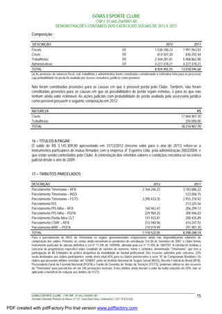 GOIÁS ESPORTE CLUBE
CNPJ: 01.665.256/0001-80
DEMONSTRAÇÕES CONTÁBEIS DOS EXERCÍCIOS SOCIAIS DE 2012 E 2011
GOIÁS ESPORTE CLUBE - CNPJ/MF: 01.665.256/0001-80
Avenida Edmundo Pinheiro de Abreu, nº 721, Setor Bela Vista, Goiânia/GO, CEP 74.823-030.
15
Composição:
DESCRIÇÃO 2012 2011
Fiscais (a) 1.538.188,23 1.991.963,03
Cíveis (a) 814.507,30 830.292,44
Trabalhistas (a) 2.344.281,81 5.968.862,00
Administrativas (a) 4.227.478,21 4.227.478,21
TOTAL 8.924.455,55 13.018.595,68
(a) As provisões de natureza fiscal, civil, trabalhista e administrativa foram constituídas considerando a estimativa feita para os processos
cuja probabilidade de perda foi avaliada por nossos consultores jurídicos como provável.
Não foram constituídas provisões para as causas em que é possível perda pelo Clube. Também, não foram
constituídas provisões para as causas em que as possibilidades de perda sejam remotas, e para as que não
tenham ainda valor estimável. As ações judiciais com probabilidade de perda avaliada pela assessoria jurídica
como possível possuem a seguinte composição em 2012:
NATUREZA R$
Cíveis 17.964.907,70
Trabalhistas 250.000,00
TOTAL 18.214.907,70
16 – TÍTULOS A PAGAR
O saldo de R$ 3.145.309,00 apresentado em 31/12/2012 (mesmo valor para o ano de 2011) refere-se a
instrumentos particulares de mútuo firmados com a empresa JF Esportes Ltda. pela administração 2003/2004, e
que estão sendo contestados pelo Clube. A contestação dos referidos valores e condições encontra-se na esfera
judicial desde o ano de 2009.
17 – TRIBUTOS PARCELADOS
DESCRIÇÃO 2012 2011
Parcelamento Timemania – RFB 2.764.246,22 3.183.886,22
Parcelamento Timemania – INSS - 523.006,75
Parcelamento Timemania – FGTS 3.290.433,35 2.955.218,92
Parcelamento ISS - 213.225,56
Parcelamento PIS folha – RFB 160.963,47 206.299,12
Parcelamento PIS folha – PGFN 229.984,25 309.946,83
Parcelamento Divida Ativa CLT 141.933,81 200.435,89
Parcelamento CSRF – RFB 312.940,96 414.247,55
Parcelamento IRRF – PGFN 210.019,99 291.981,30
TOTAL 7.110.522,05 8.298.248,14
Para o parcelamento de INSS da Timemania os órgãos governamentais responsáveis ainda não disponibilizaram relatórios de
composição dos saldos. Portanto, as contas ainda encontram-se pendentes de conciliação. Em 06 de Setembro de 2007, o Clube firmou
instrumento particular de adesão definitiva à Lei nº 11.345 de 14/09/06, alterada pela Lei nº 11.505 de 18/07/07. A referida lei instituiu o
concurso de prognósticos específico sobre resultado de sorteios de números, nome e símbolos, denominado "Timemania", que tem a
participação de 80 Entidades de prática desportiva da modalidade de futebol profissional. Dos recursos auferidos pelo concurso, 22%
serão destinados aos clubes participantes, sendo deste total 65% para os clubes pertencentes à serie "A" do Campeonato Brasileiro. Os
clubes que possuíam débitos vencidos até 15/08/07, junto ao Instituto Nacional de Seguro Social (INSS), Receita Federal do Brasil (RFB),
Procuradoria-Geral da Fazenda Nacional (PGFN) e Fundo de Garantia do Tempo de Serviços (FGTS), poderiam utilizar-se dos recursos
da "Timemania" para parcelá-los em até 240 prestações mensais. Estes débitos ainda tiveram o valor da multa reduzido em 50%, não se
aplicando o benefício de redução aos débitos do FGTS.
PDF created with pdfFactory Pro trial version www.pdffactory.com
 
